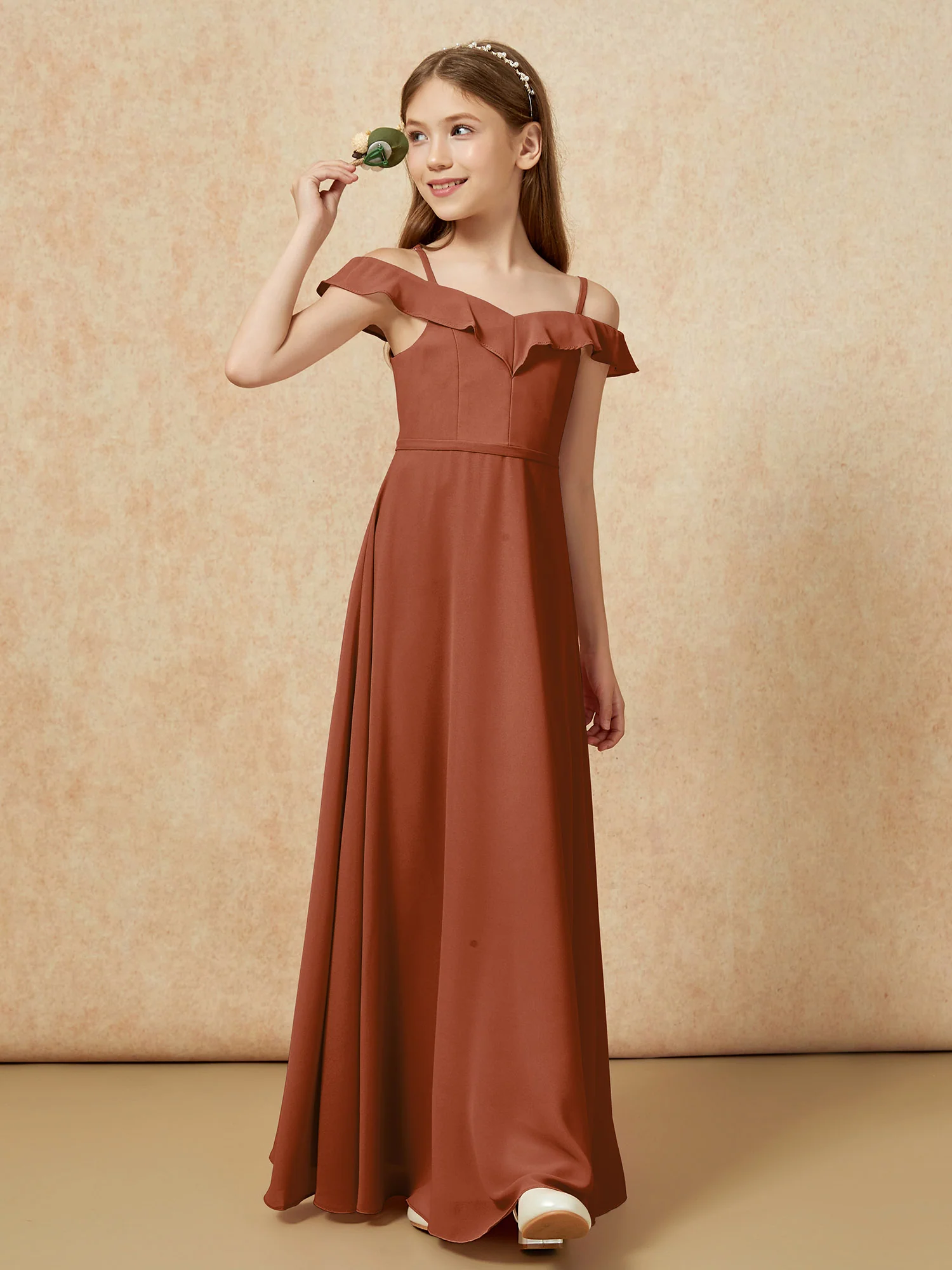 Off-the-shoulder A-Line Junior Bridesmaid Dresses Terracotta - Image 4