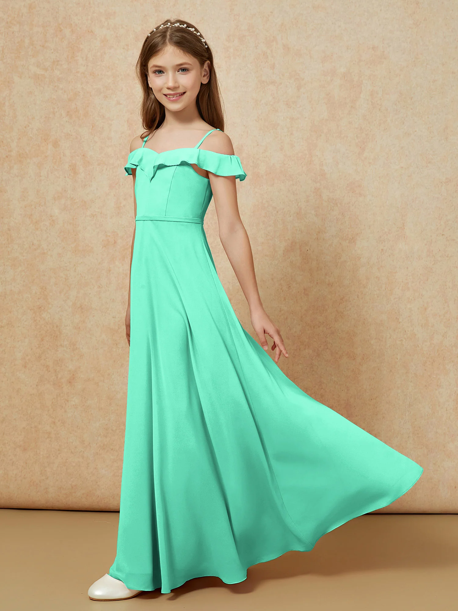 Off-the-shoulder A-Line Junior Bridesmaid Dresses Turquoise - Image 3