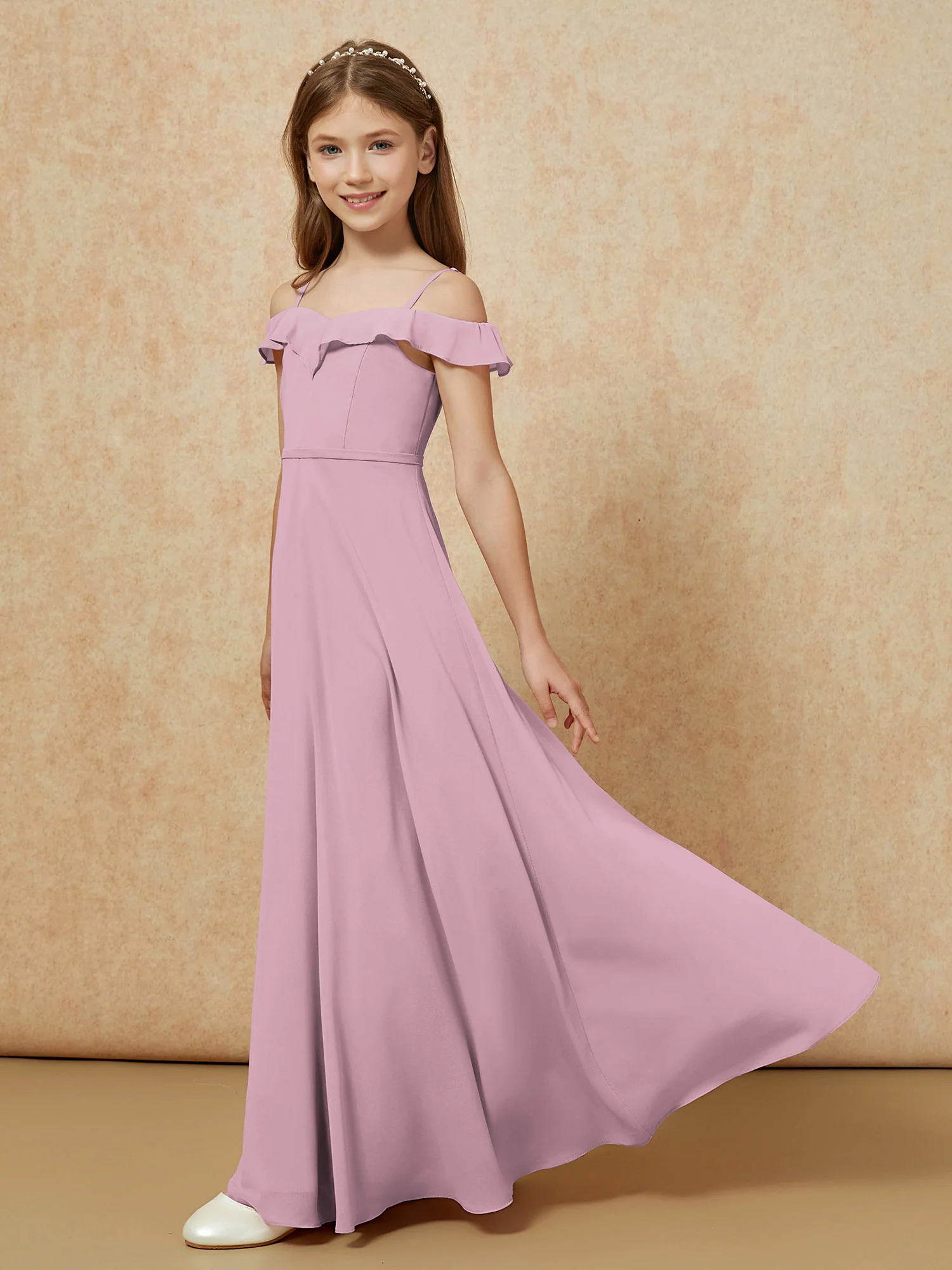 Off-the-shoulder A-Line Junior Bridesmaid Dresses Vintage Mauve - Image 3