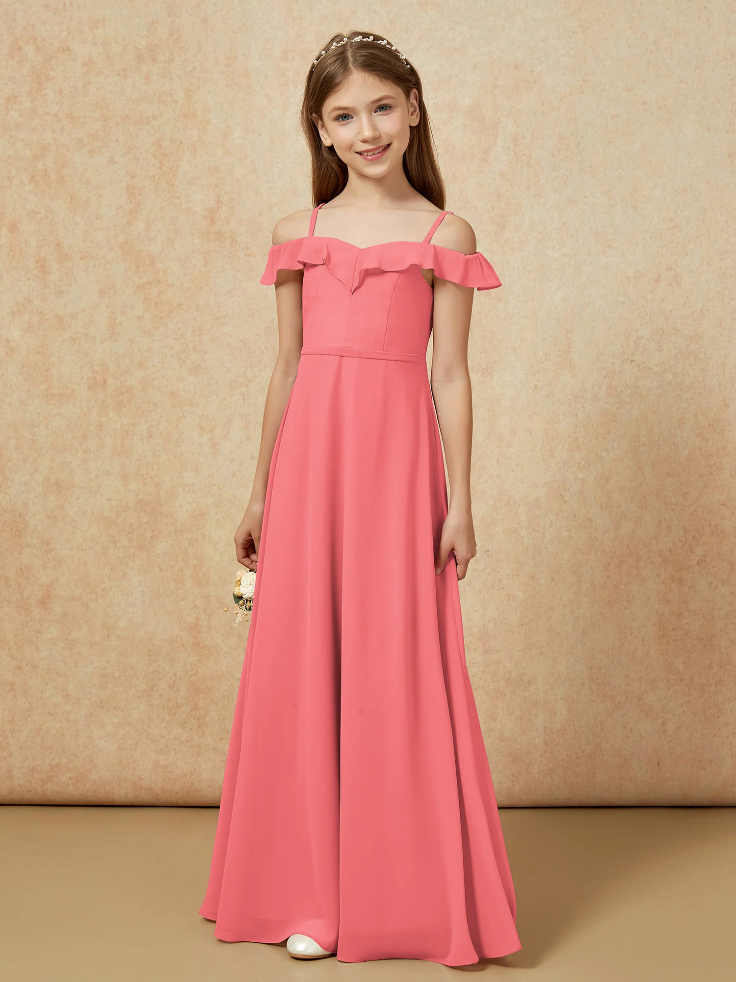 Off-the-shoulder A-Line Junior Bridesmaid Dresses Watermelon - Image 5