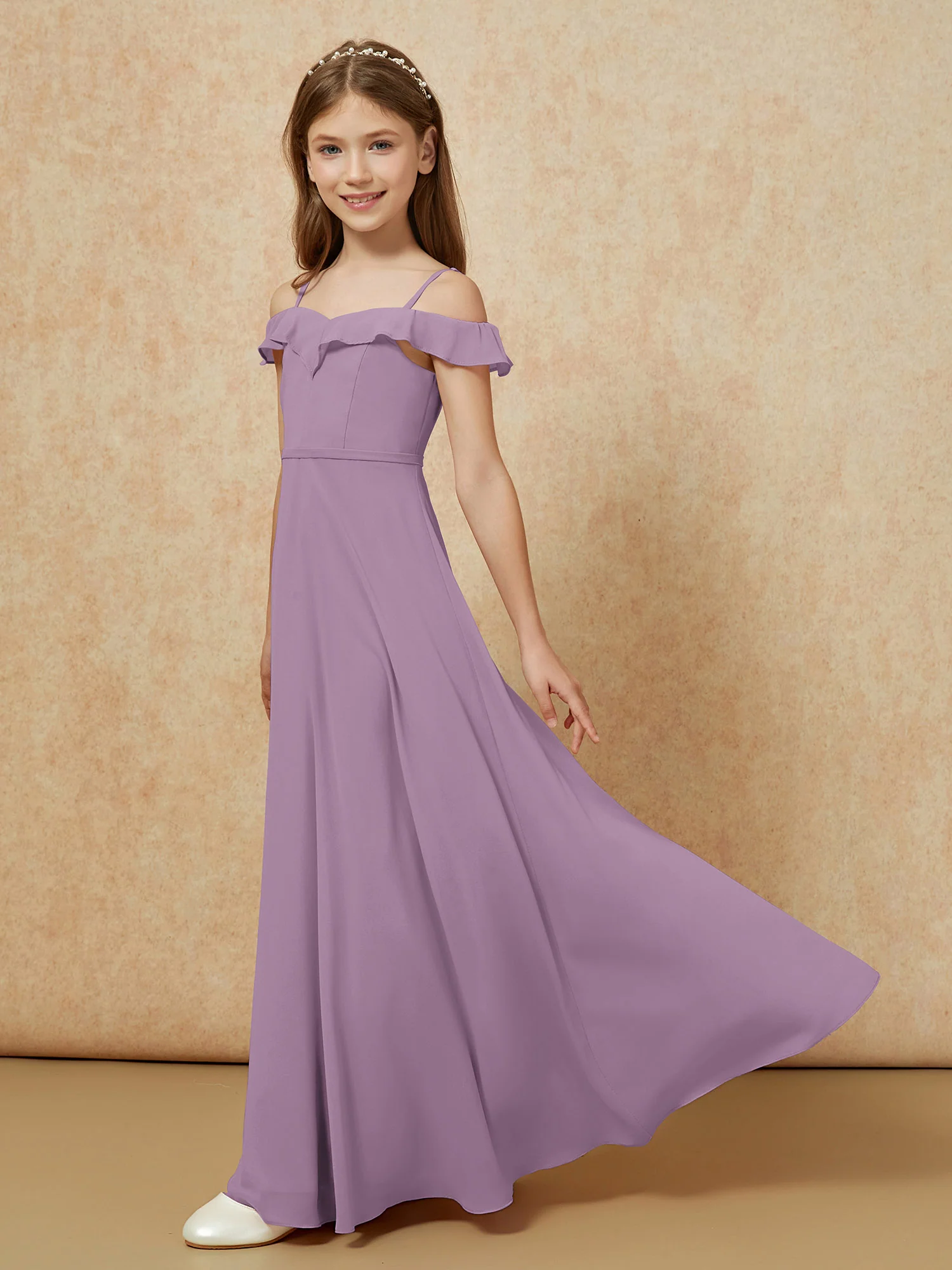 Off-the-shoulder A-Line Junior Bridesmaid Dresses Wisteria - Image 3