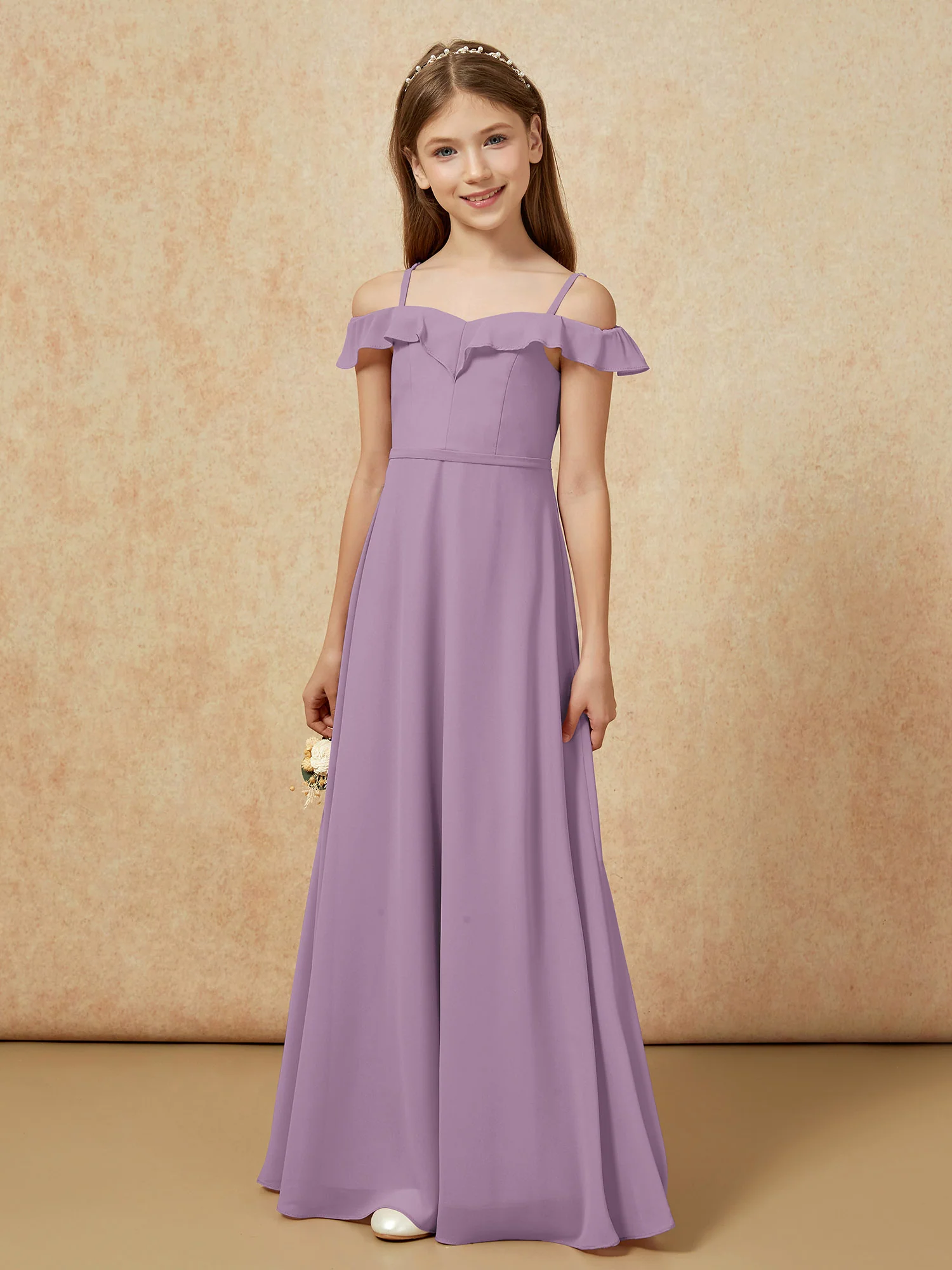 Off-the-shoulder A-Line Junior Bridesmaid Dresses Wisteria - Image 5