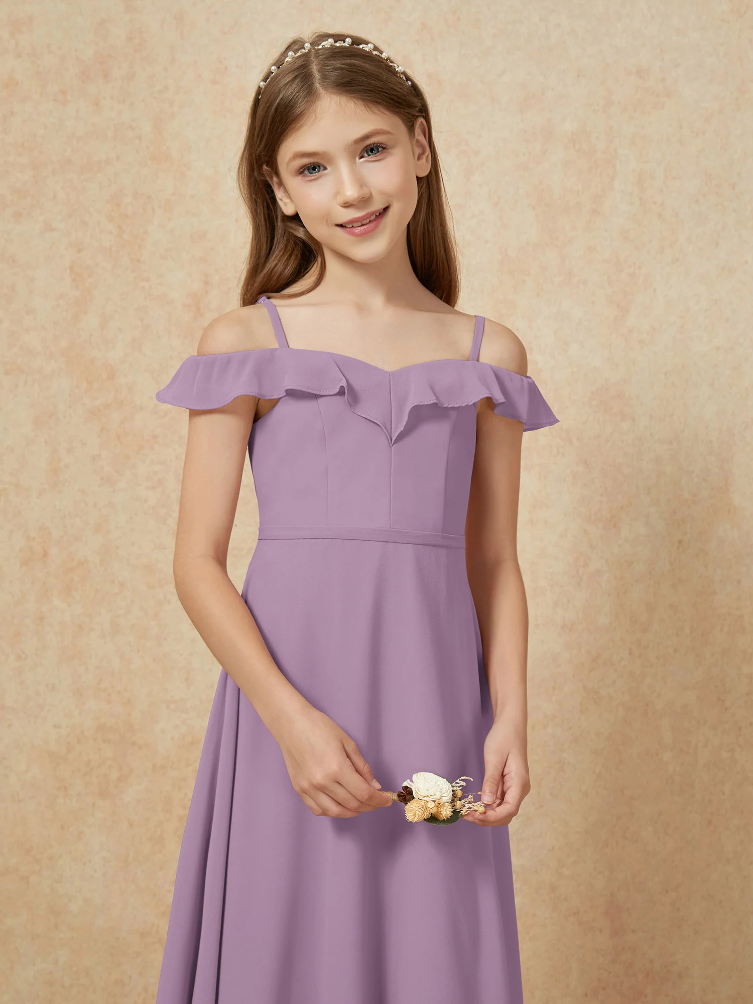 Off-the-shoulder A-Line Junior Bridesmaid Dresses Wisteria - Image 6