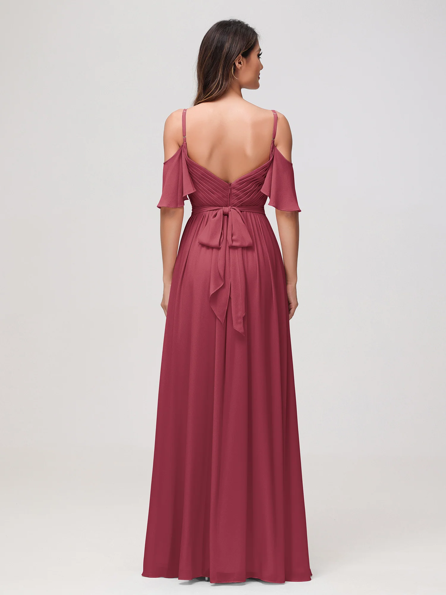 Off-the-shoulder A-line Ruched Chiffon Dress with Slit Cinnamon Rose - Image 2