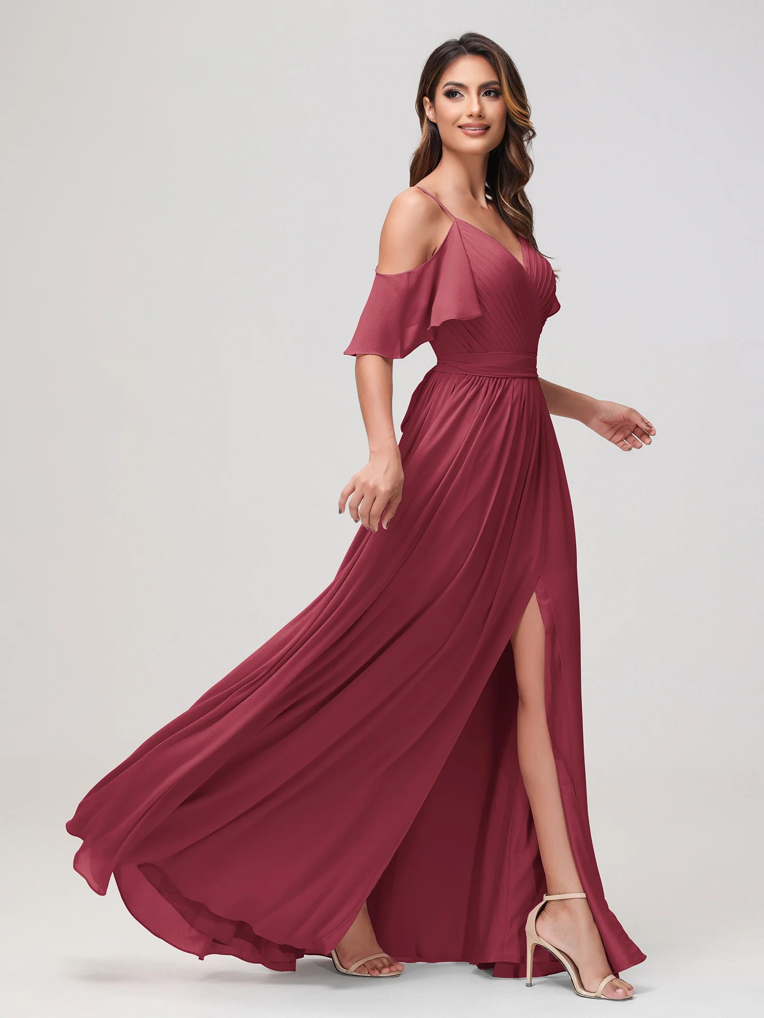 Off-the-shoulder A-line Ruched Chiffon Dress with Slit Cinnamon Rose - Image 3