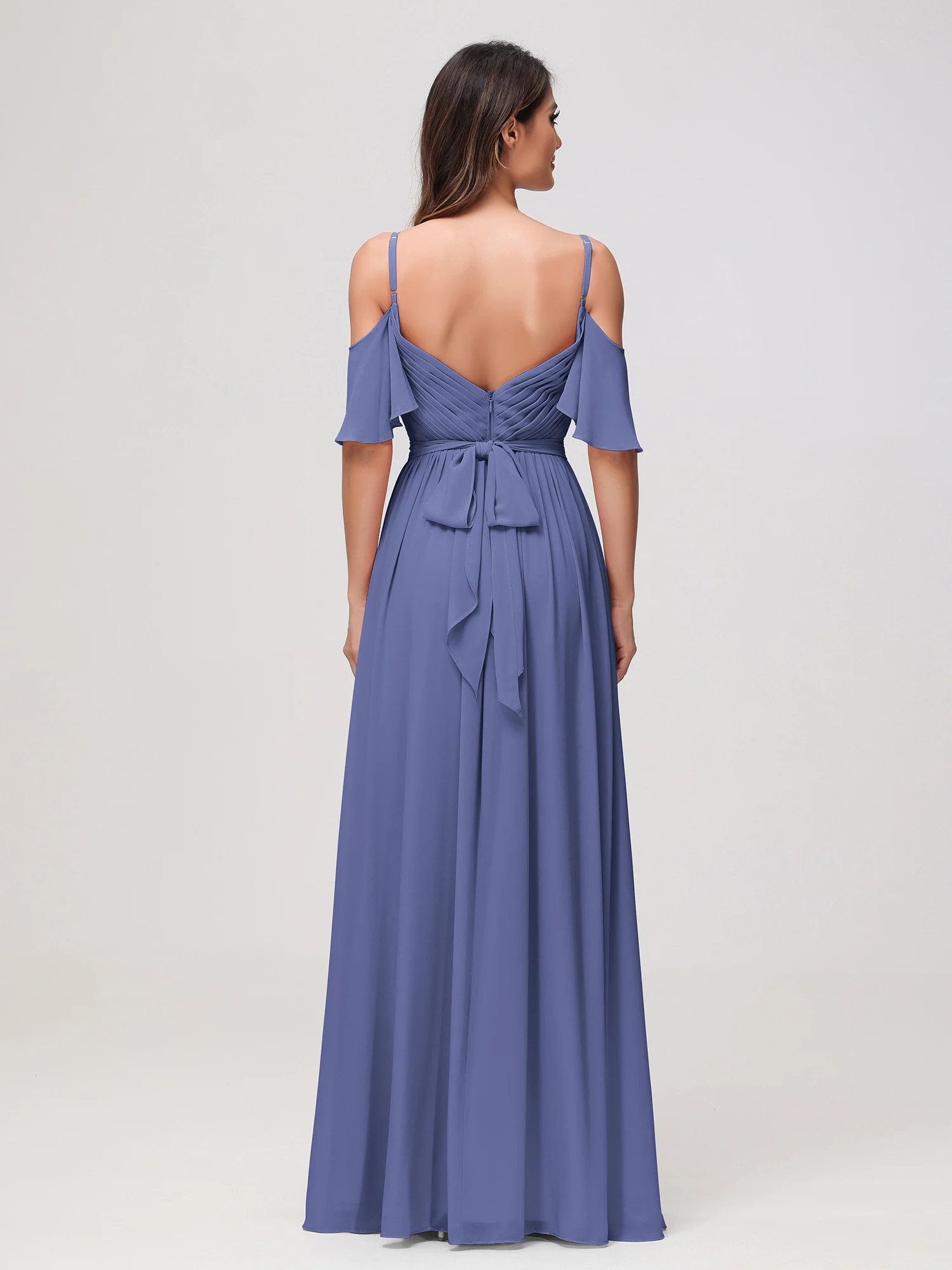 Off-the-shoulder A-line Ruched Chiffon Dress with Slit Periwinkle - Image 2