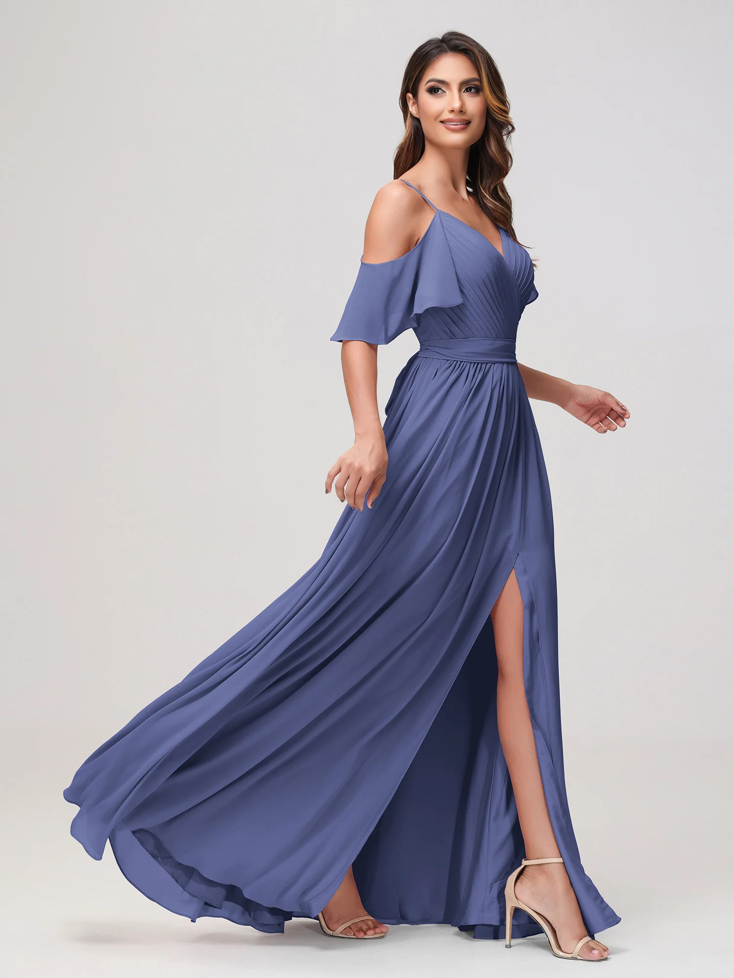 Off-the-shoulder A-line Ruched Chiffon Dress with Slit Periwinkle - Image 3