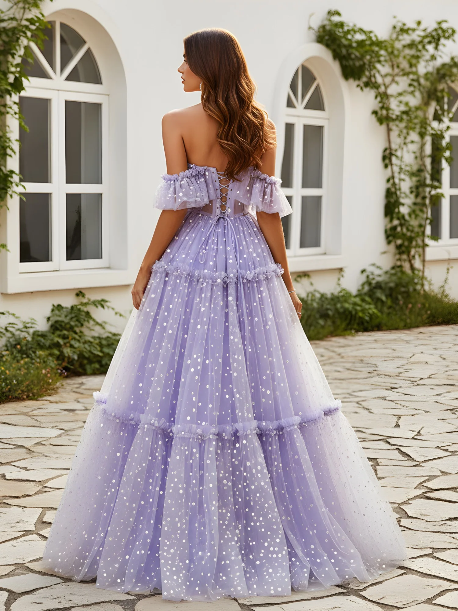 Off-the-shoulder A-Line Tiered Tulle Dress With Dots Lilac - Image 2