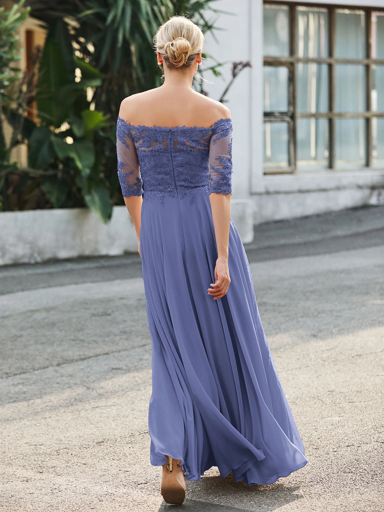 Off-the-shoulder Appliqued Half Sleeve Dress Periwinkle - Image 2