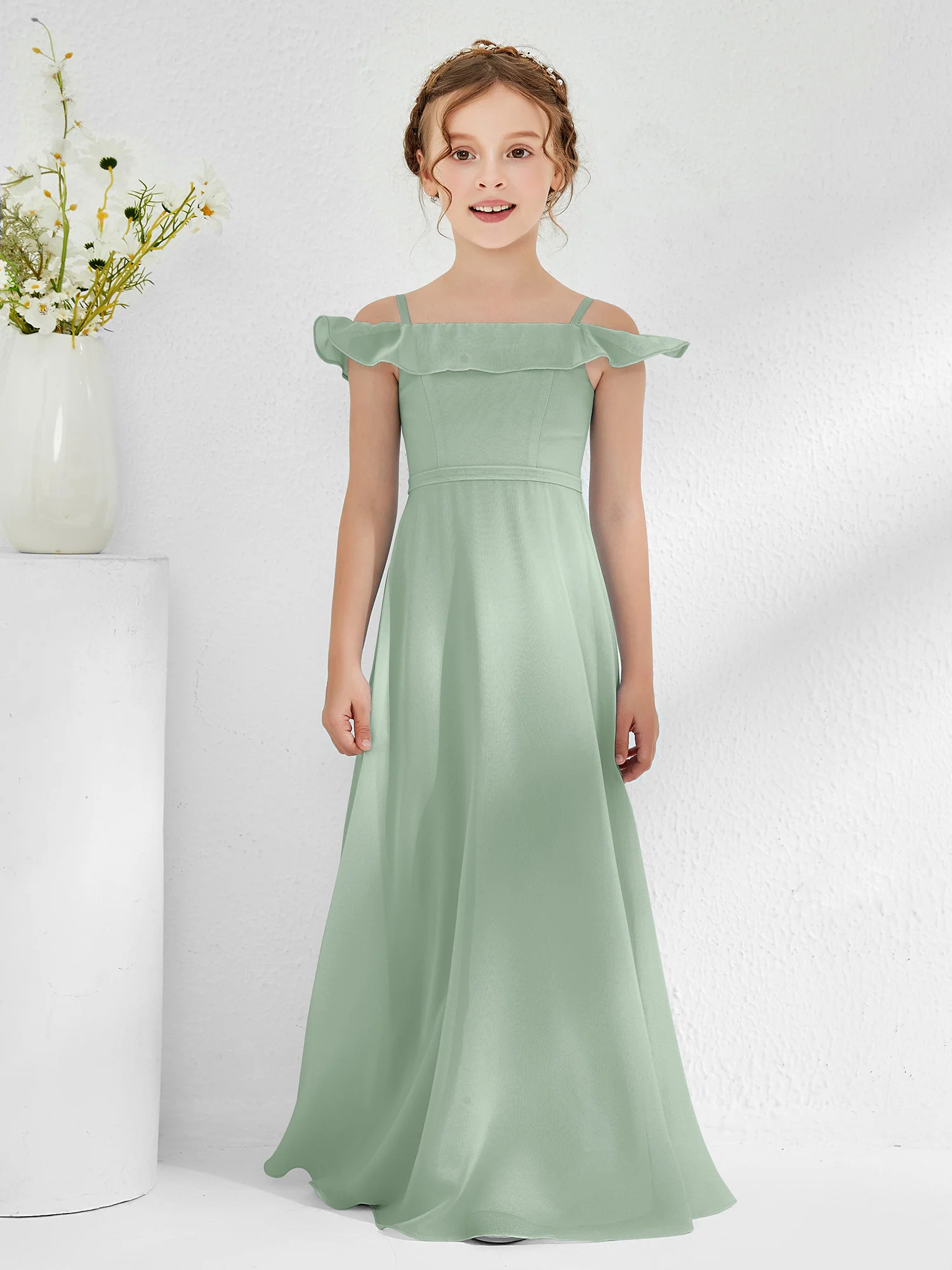 Off-the-shoulder Chiffon A-line Junior Bridesmaid Dresses Agave