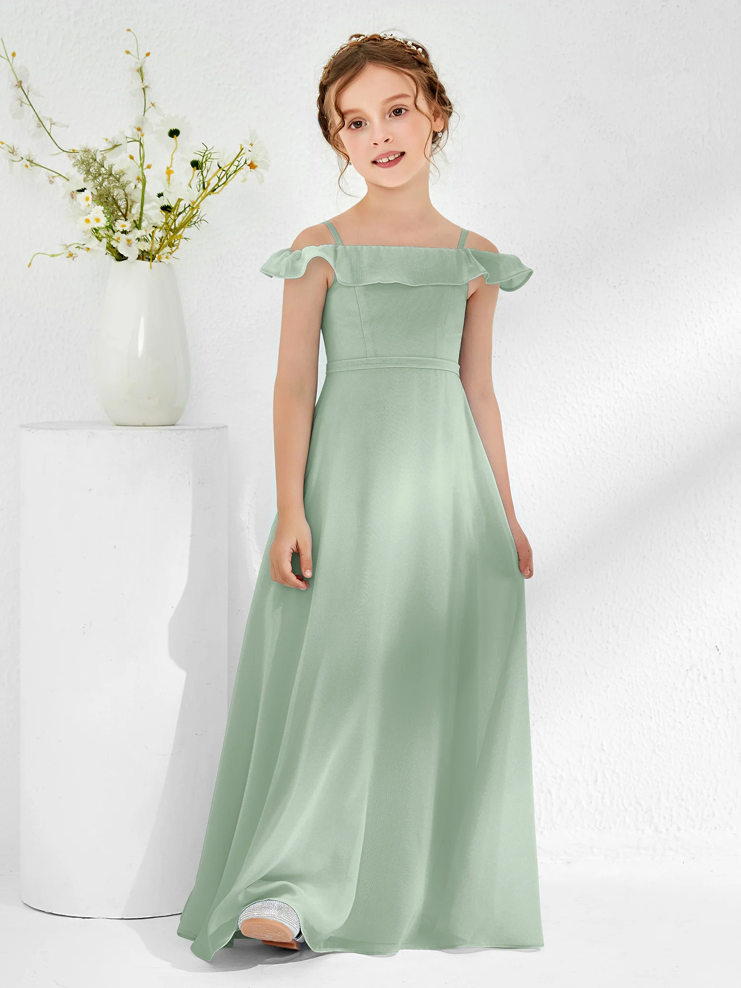 Off-the-shoulder Chiffon A-line Junior Bridesmaid Dresses Agave - Image 3