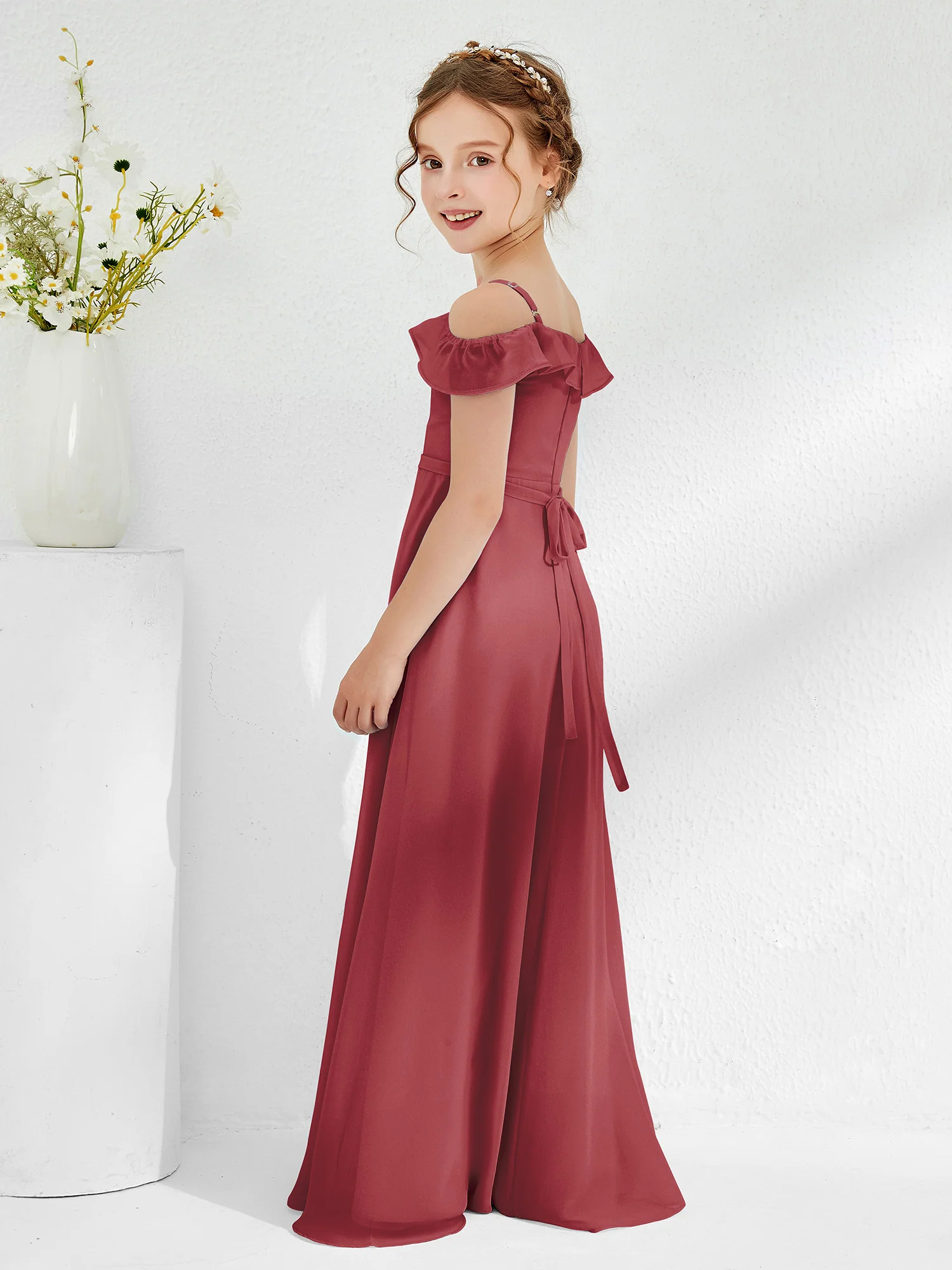 Off-the-shoulder Chiffon A-line Junior Bridesmaid Dresses Cinnamon Rose - Image 2