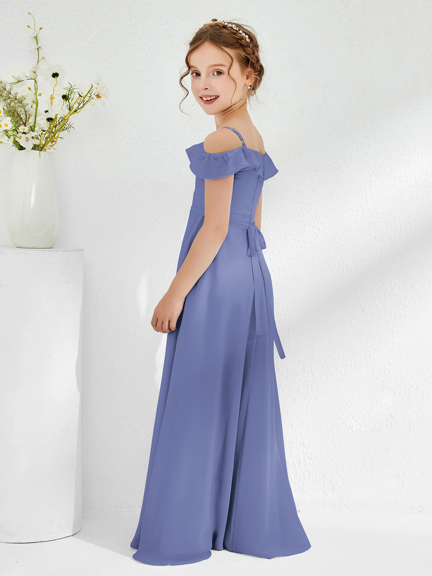 Off-the-shoulder Chiffon A-line Junior Bridesmaid Dresses Periwinkle - Image 2