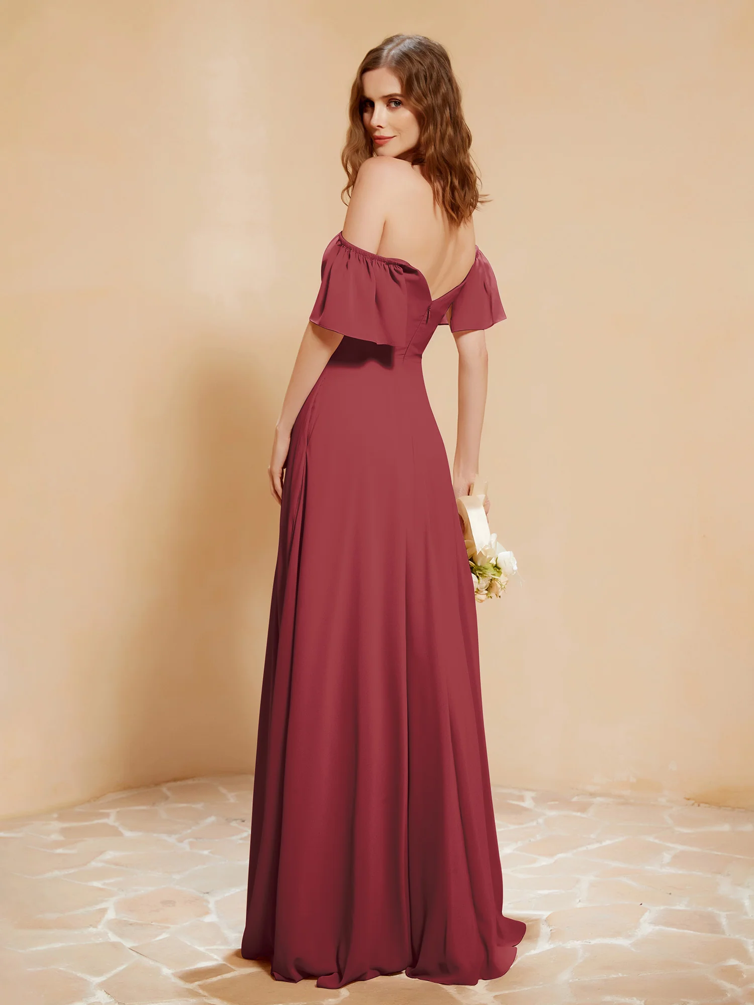 Off The Shoulder Chiffon Dress With Pocket Cinnamon Rose - Image 2