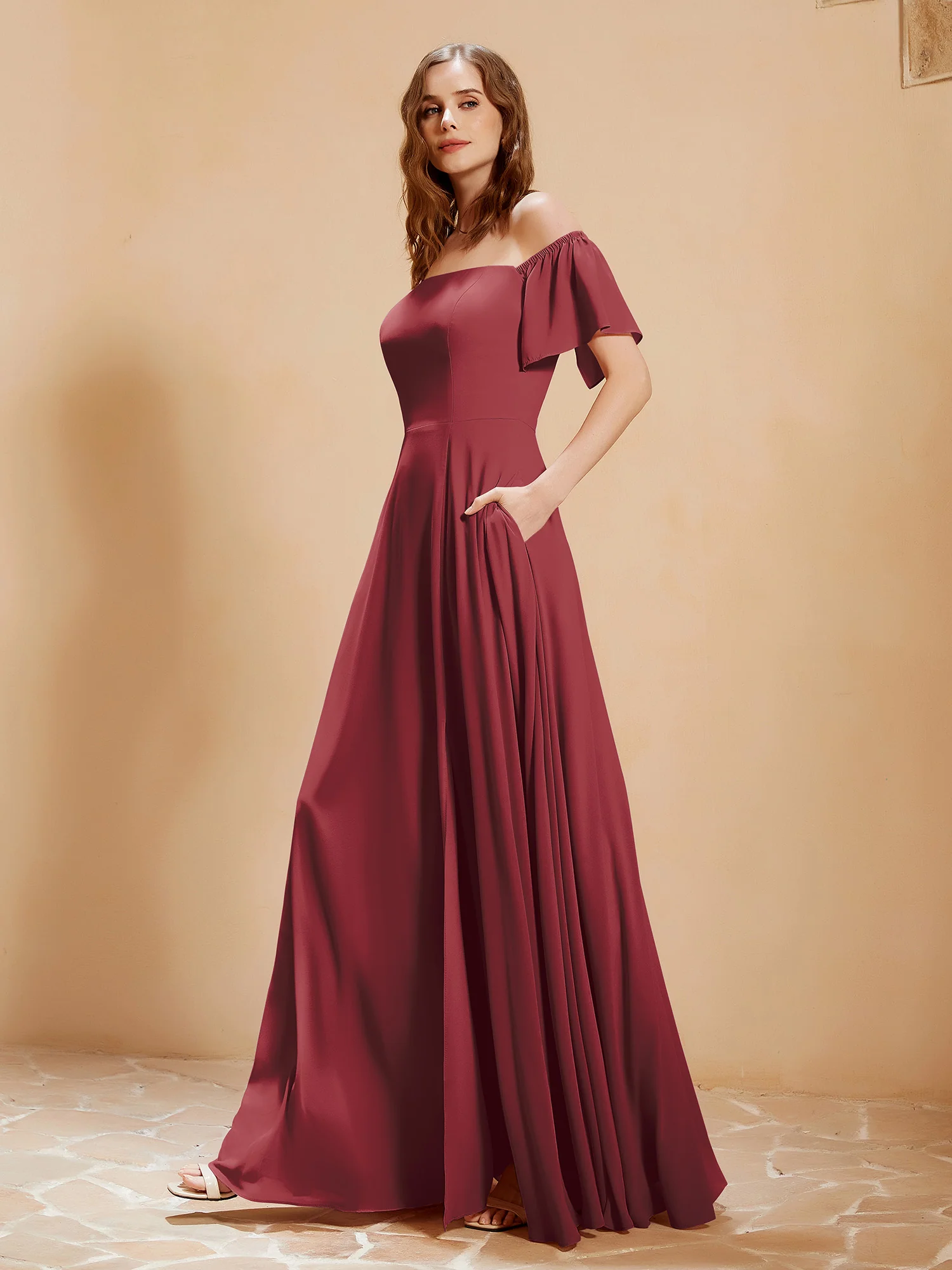 Off The Shoulder Chiffon Dress With Pocket Cinnamon Rose Plus Size - Image 3