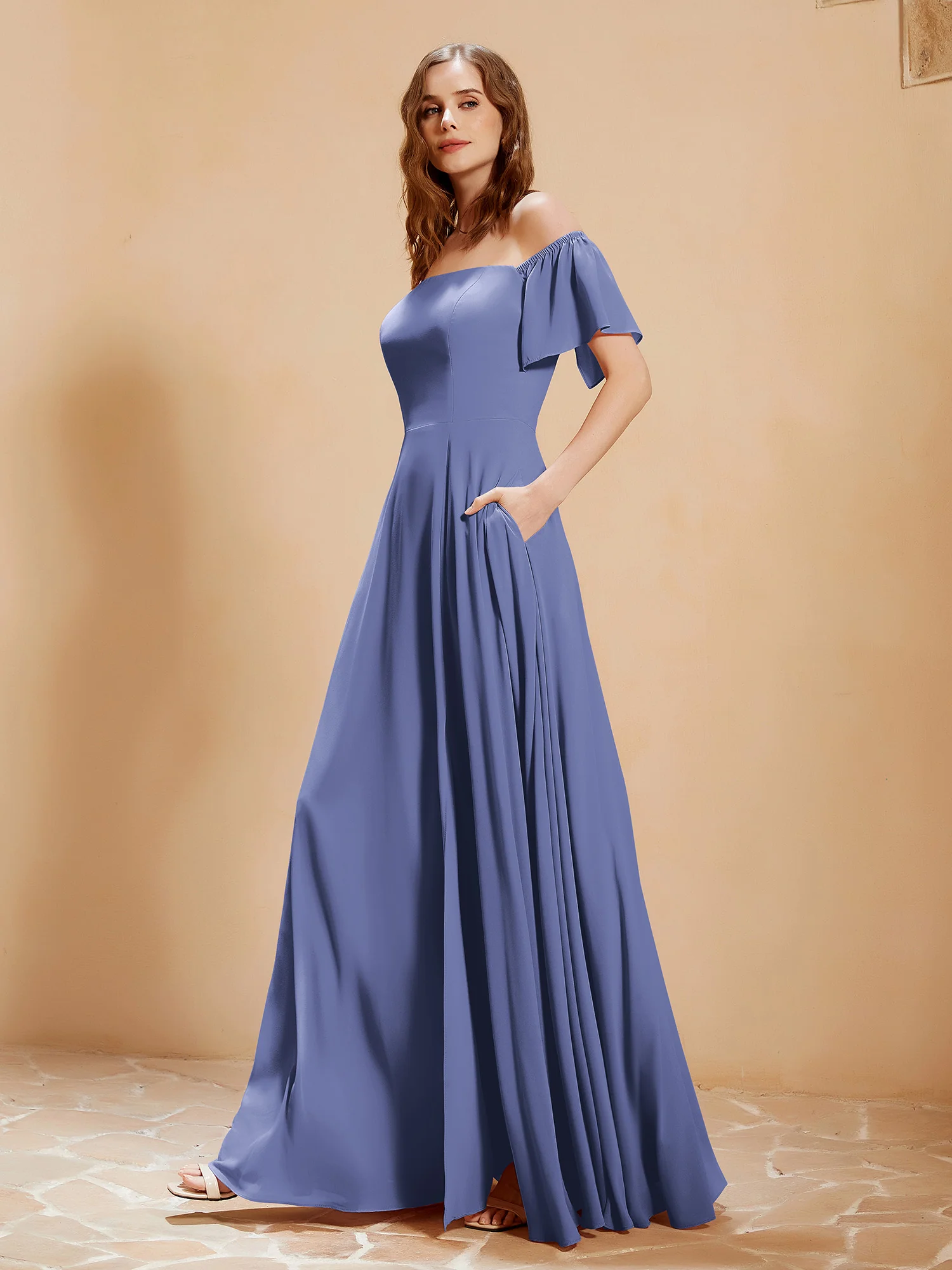 Off The Shoulder Chiffon Dress With Pocket Periwinkle - Image 3