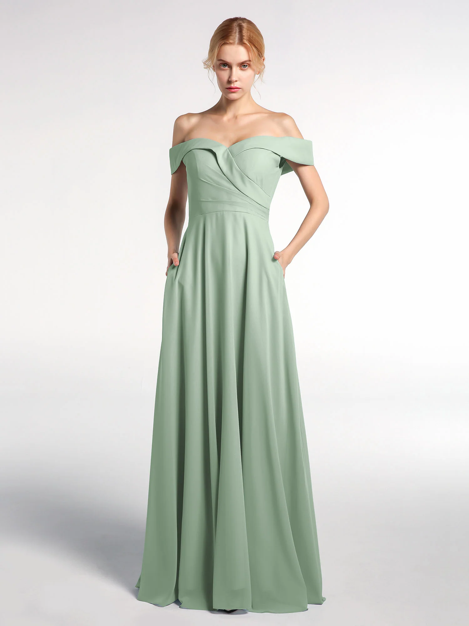 Off-the-Shoulder Circle Skirt Dress with Pockets-Agave