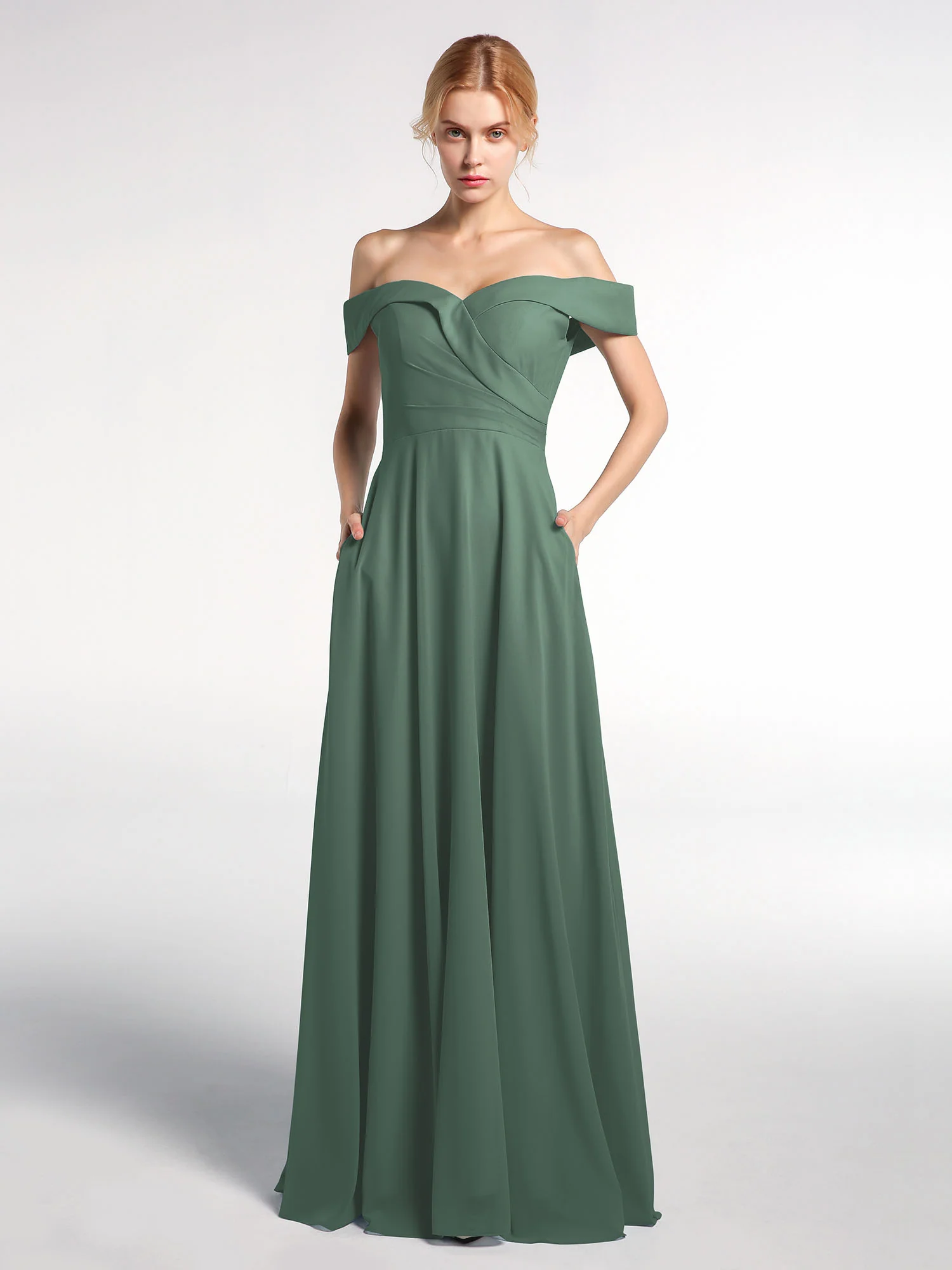 Off-the-Shoulder Circle Skirt Dress with Pockets-Eucalyptus