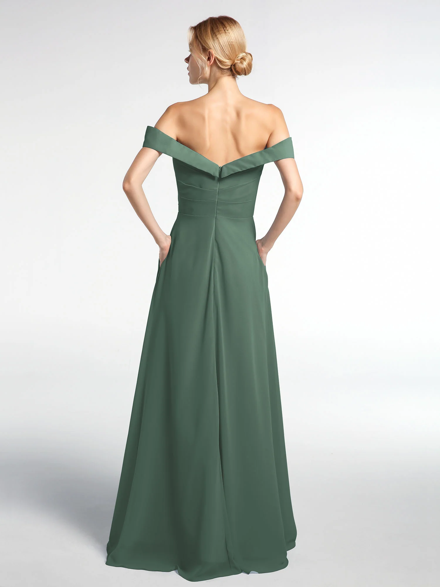 Off-the-Shoulder Circle Skirt Dress with Pockets-Eucalyptus - Image 2
