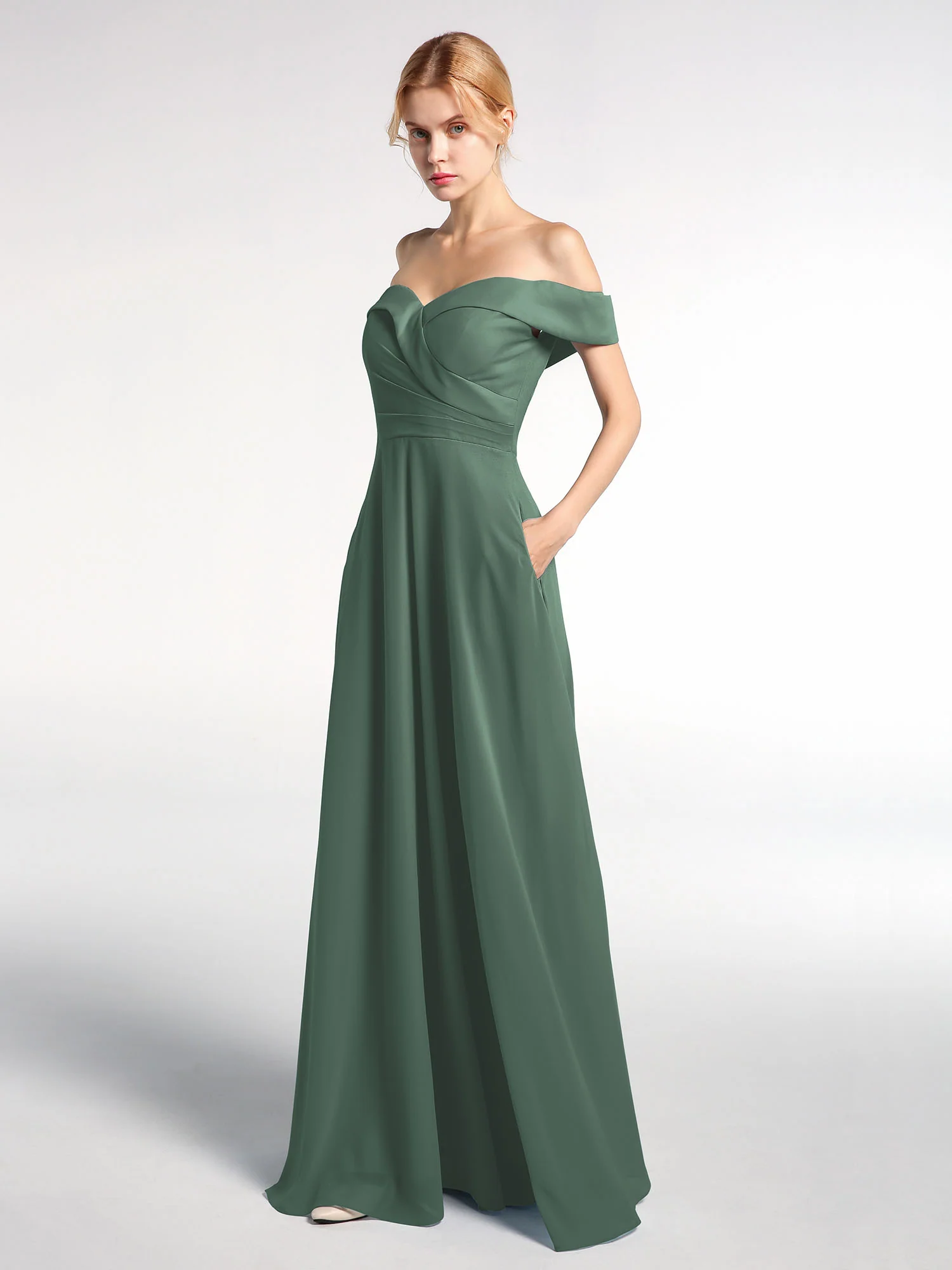 Off-the-Shoulder Circle Skirt Dress with Pockets-Eucalyptus - Image 3