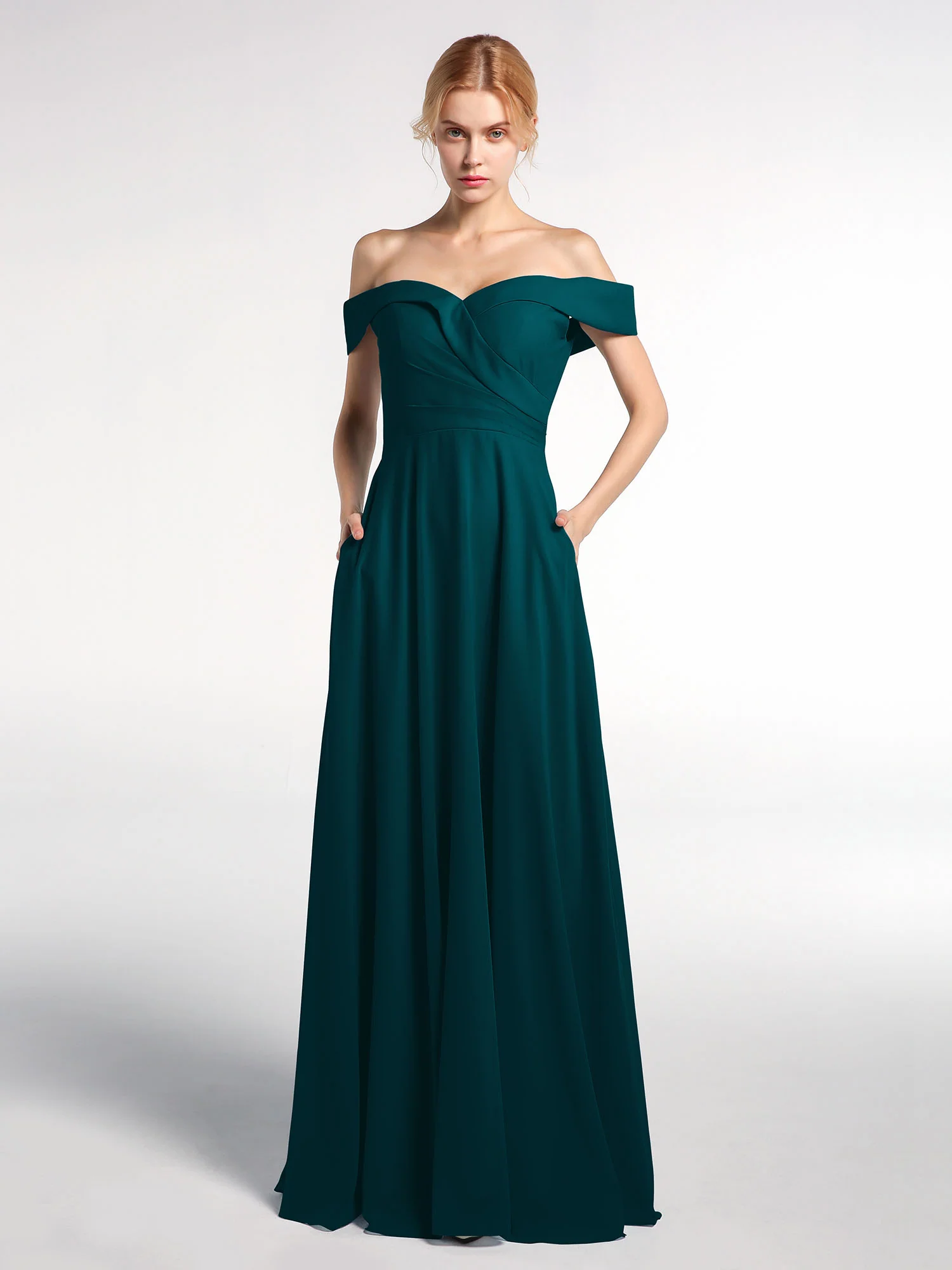 Off-the-Shoulder Circle Skirt Dress with Pockets-Pine