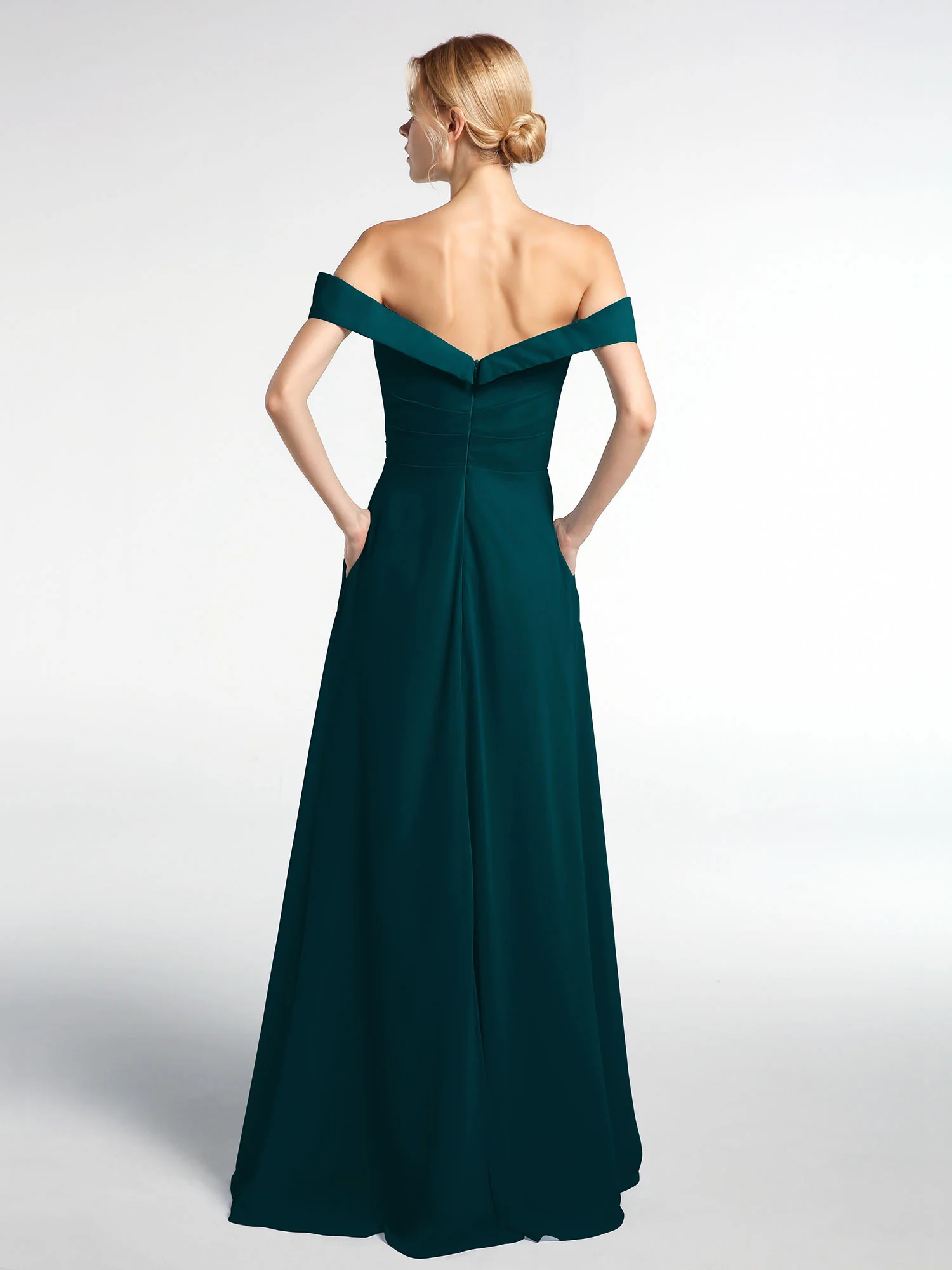 Off-the-Shoulder Circle Skirt Dress with Pockets-Pine - Image 2