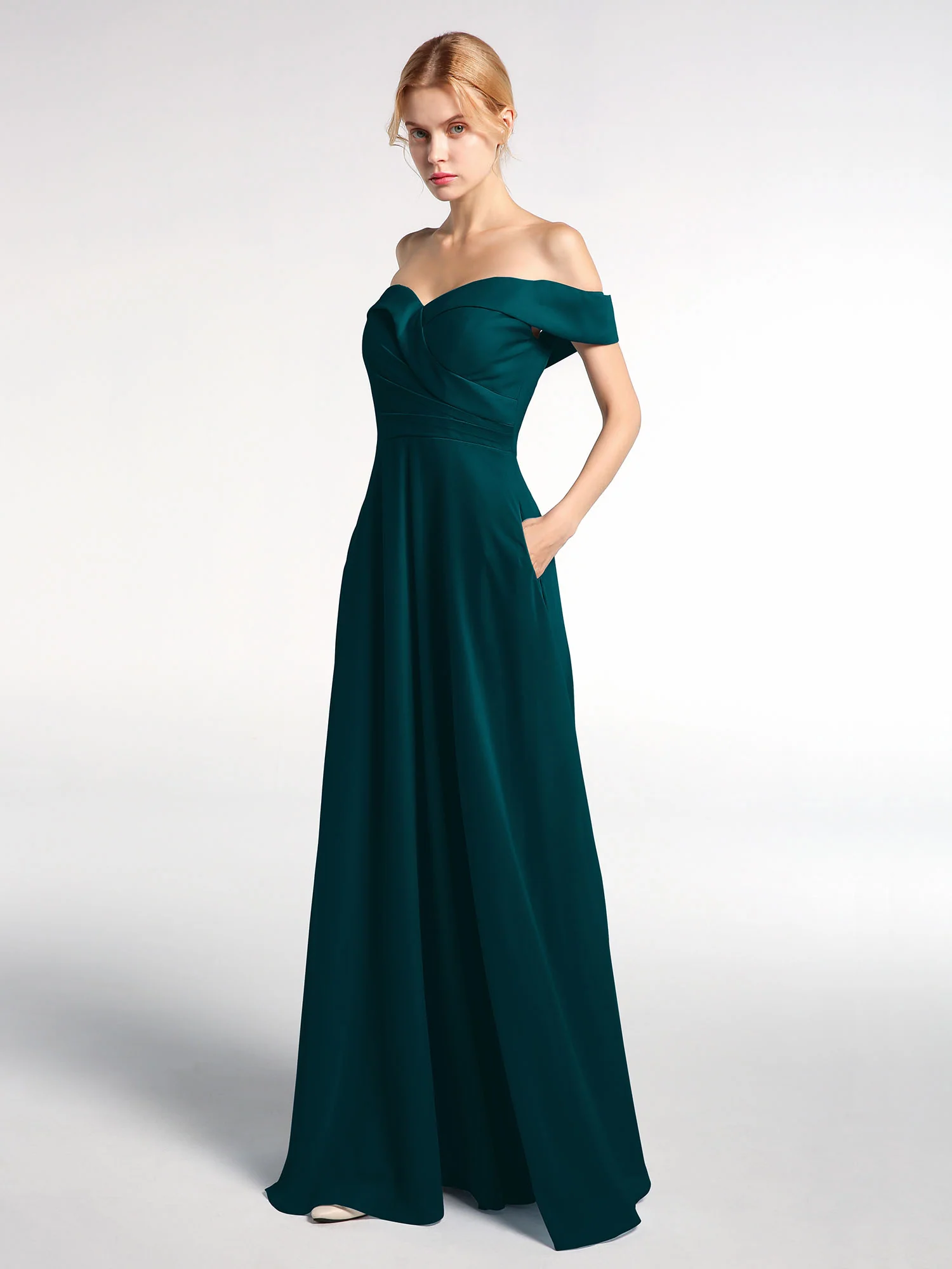 Off-the-Shoulder Circle Skirt Dress with Pockets-Pine - Image 3