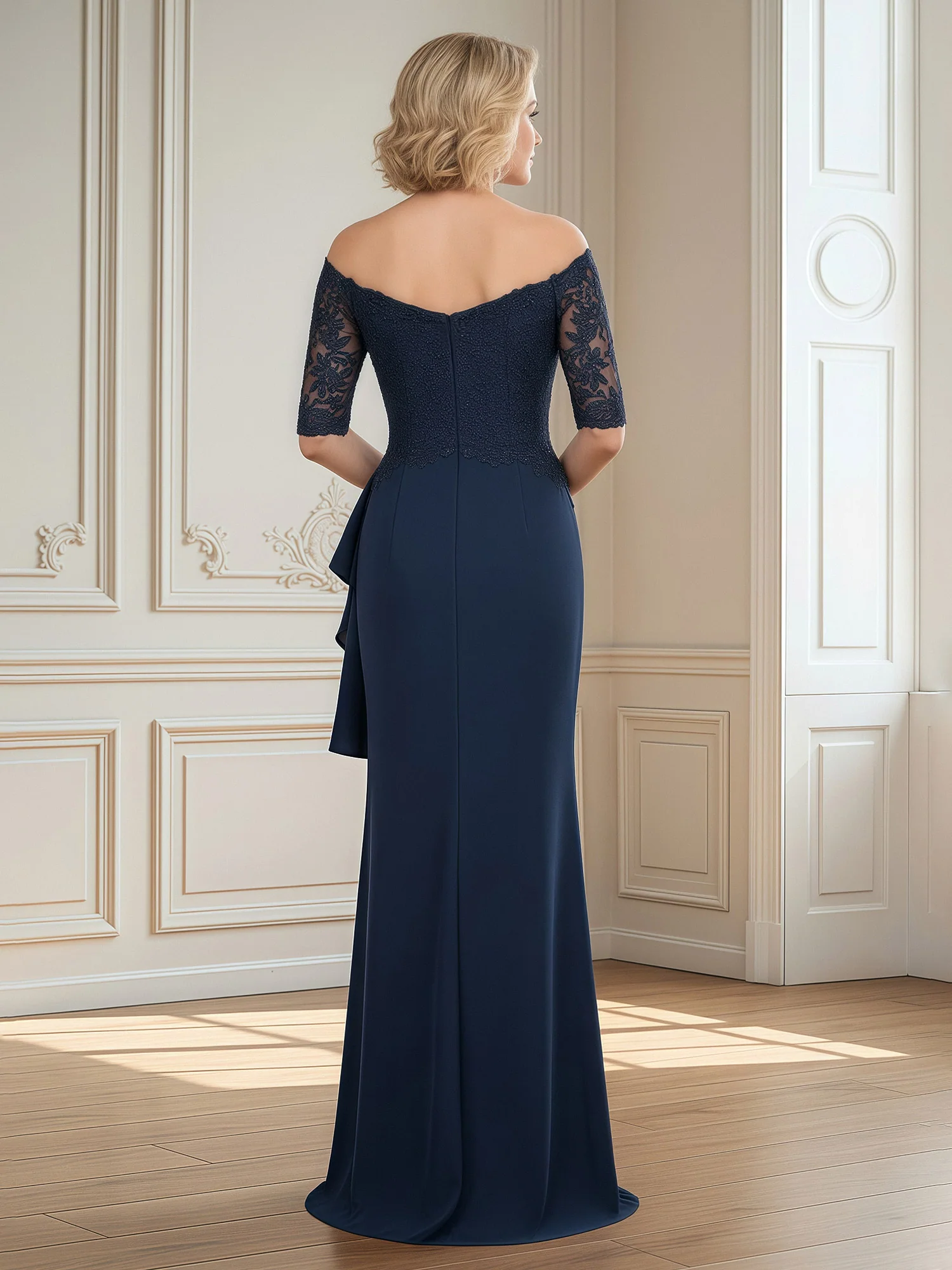 Off-the-shoulder Lace Sleeves Ruffle Mermaid Dress Dark Navy - Image 2