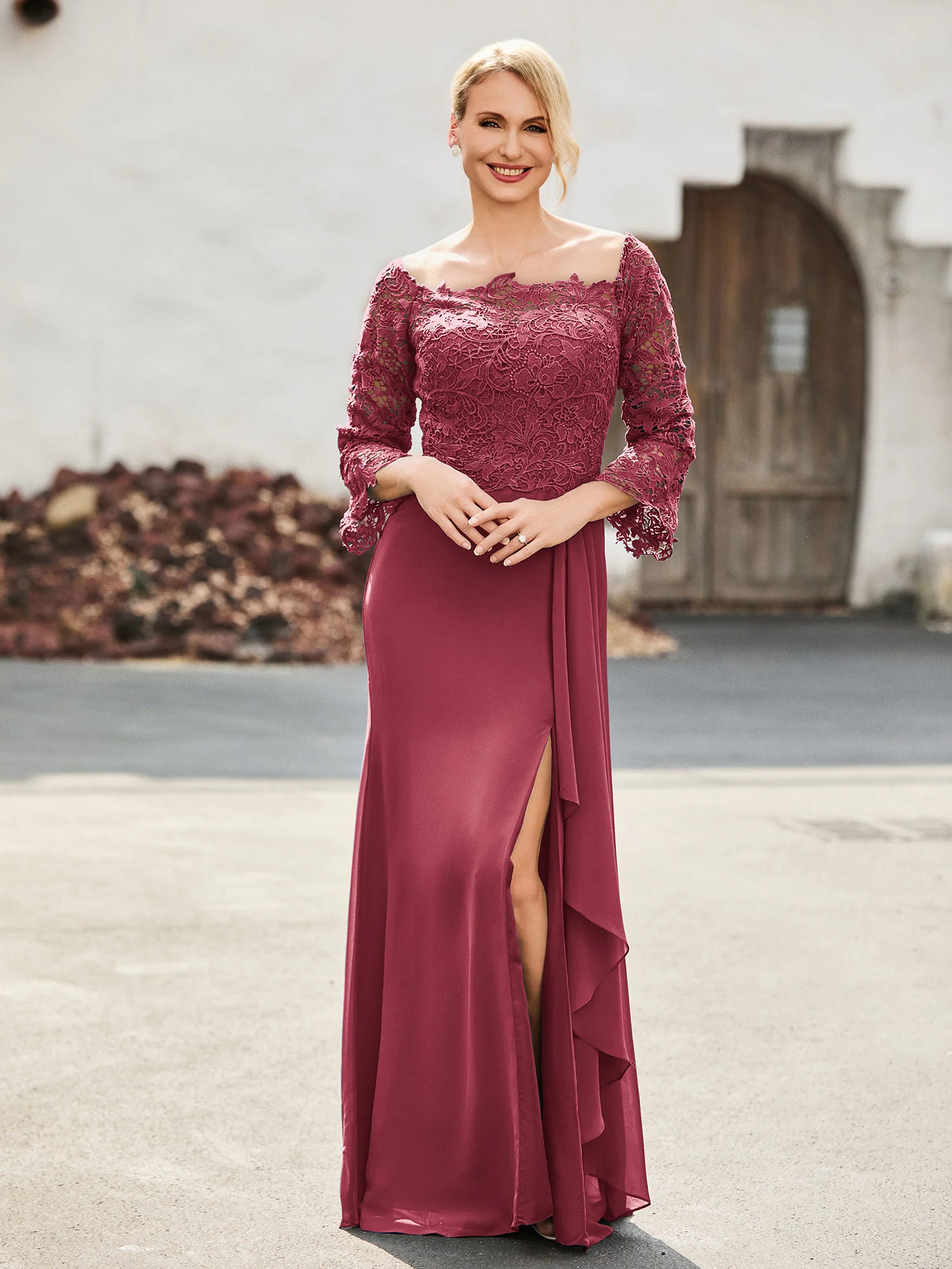 Off-the-Shoulder Lace Top Chiffon Dress Cinnamon Rose