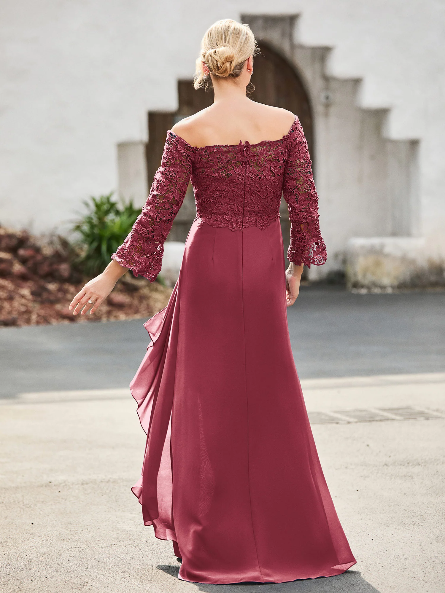 Off-the-Shoulder Lace Top Chiffon Dress Cinnamon Rose - Image 2