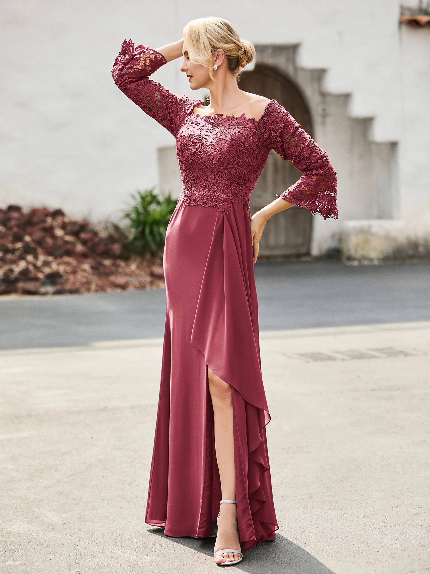Off-the-Shoulder Lace Top Chiffon Dress Cinnamon Rose - Image 3