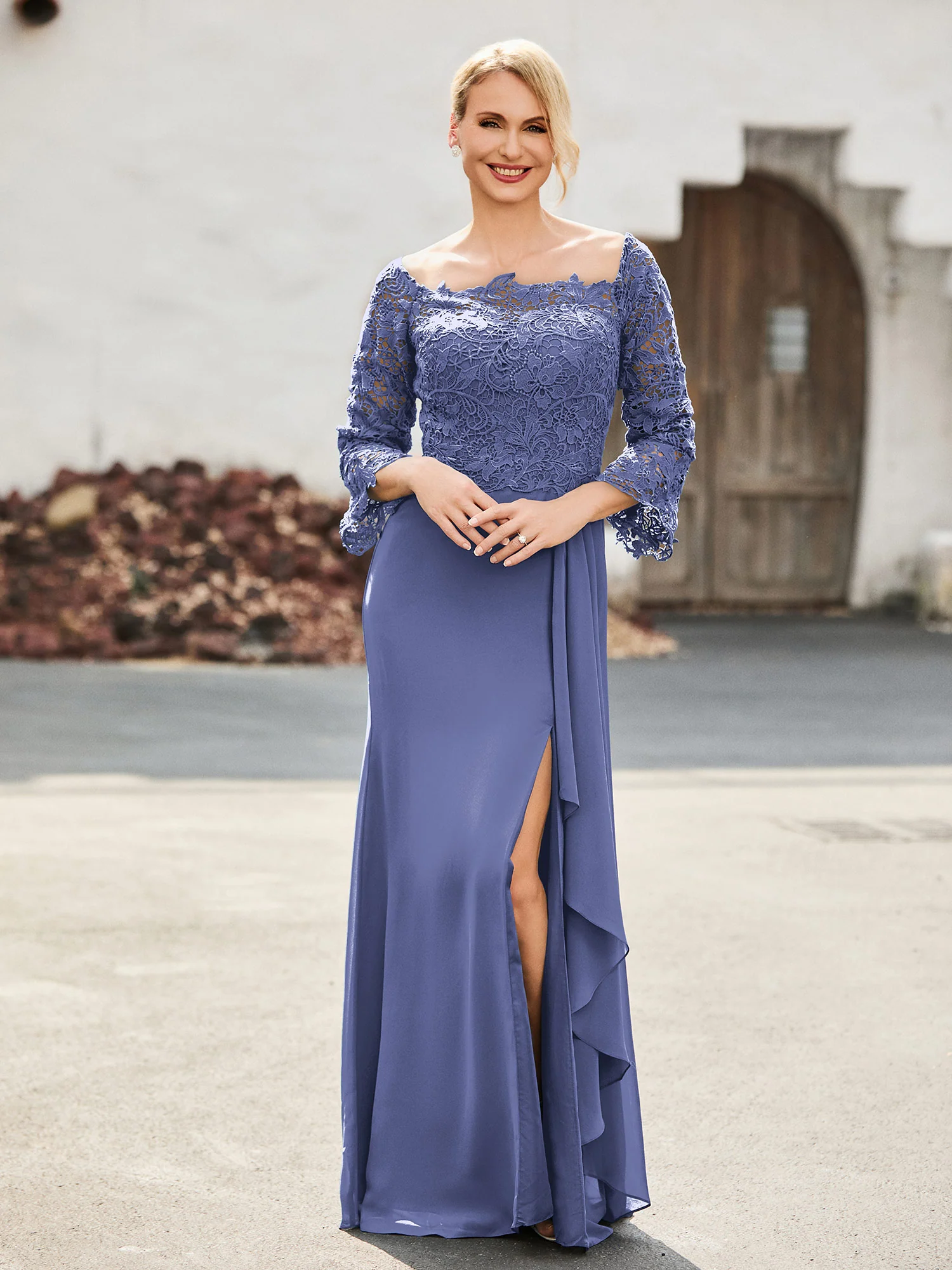 Off-the-Shoulder Lace Top Chiffon Dress Periwinkle