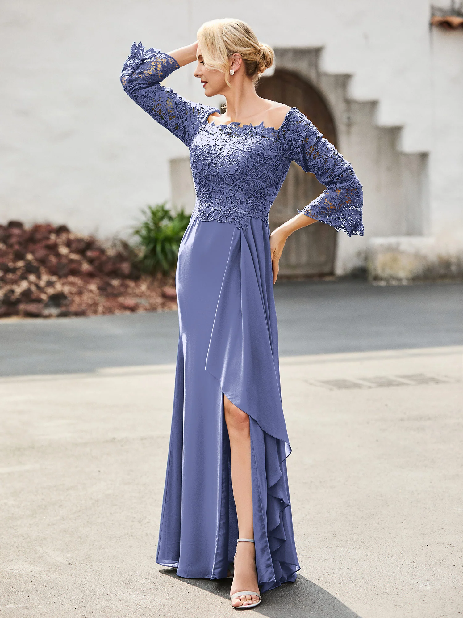 Off-the-Shoulder Lace Top Chiffon Dress Periwinkle - Image 3
