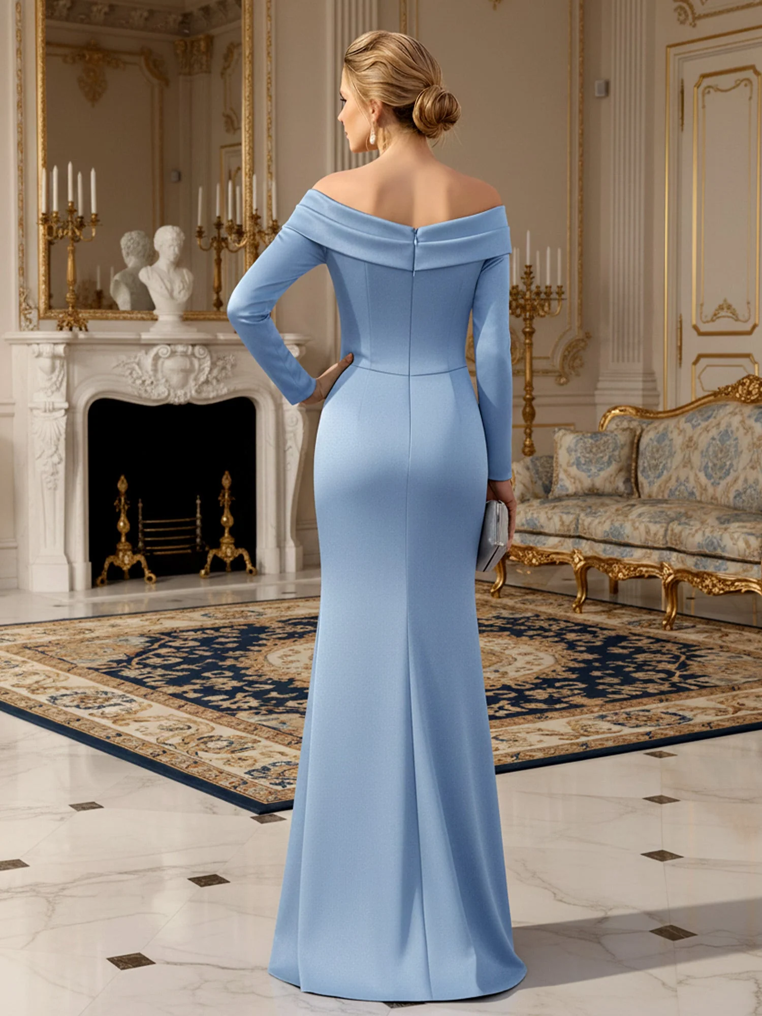 Off-the-shoulder Long Sleeve Pleated Bodycon Dress Dusty Blue - Image 2