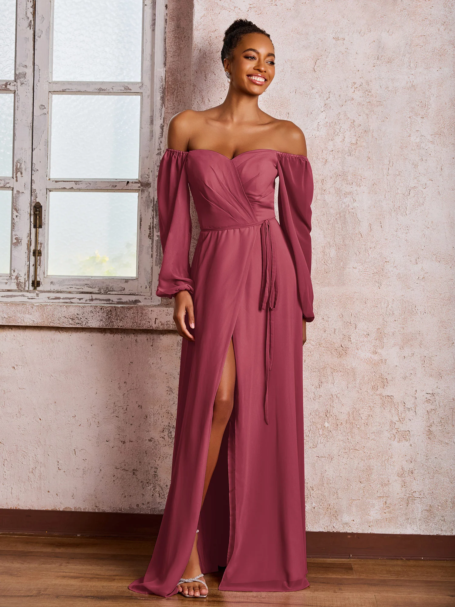Off-The-Shoulder Long Sleeves Bow Dresses with Slit Cinnamon Rose