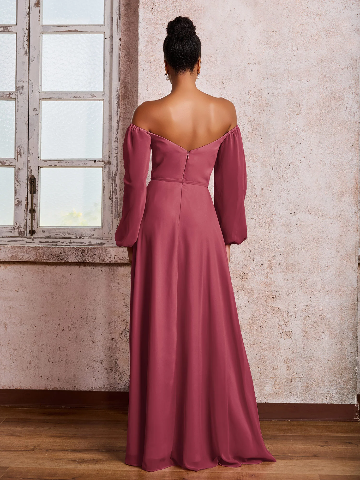 Off-The-Shoulder Long Sleeves Bow Dresses with Slit Cinnamon Rose - Image 2