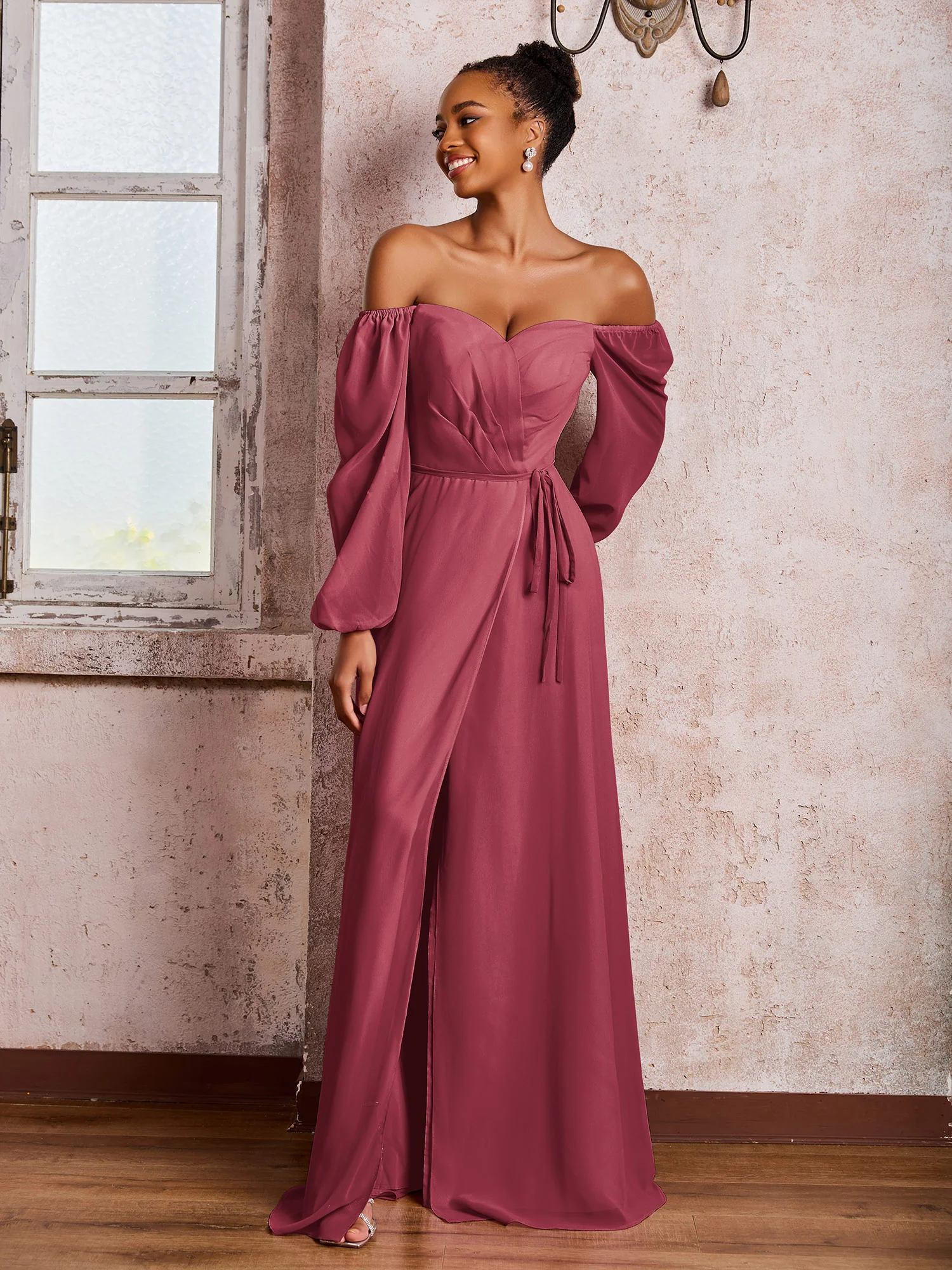 Off-The-Shoulder Long Sleeves Bow Dresses with Slit Cinnamon Rose - Image 3