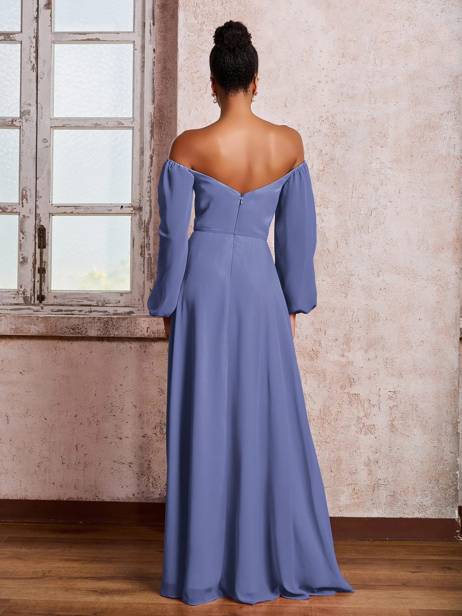 Off-The-Shoulder Long Sleeves Bow Dresses with Slit Periwinkle - Image 2