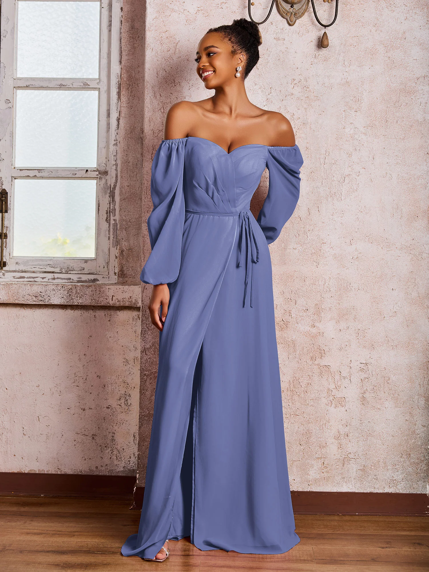 Off-The-Shoulder Long Sleeves Bow Dresses with Slit Periwinkle - Image 3