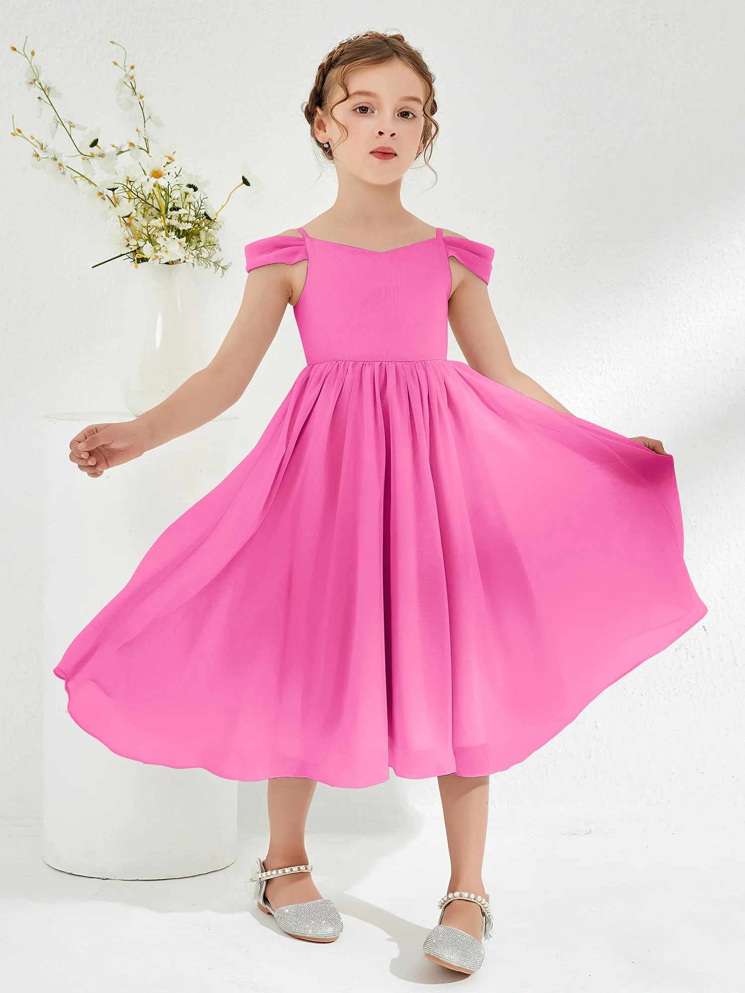 Off-the-shoulder Pleated Girl's Dress Azalea