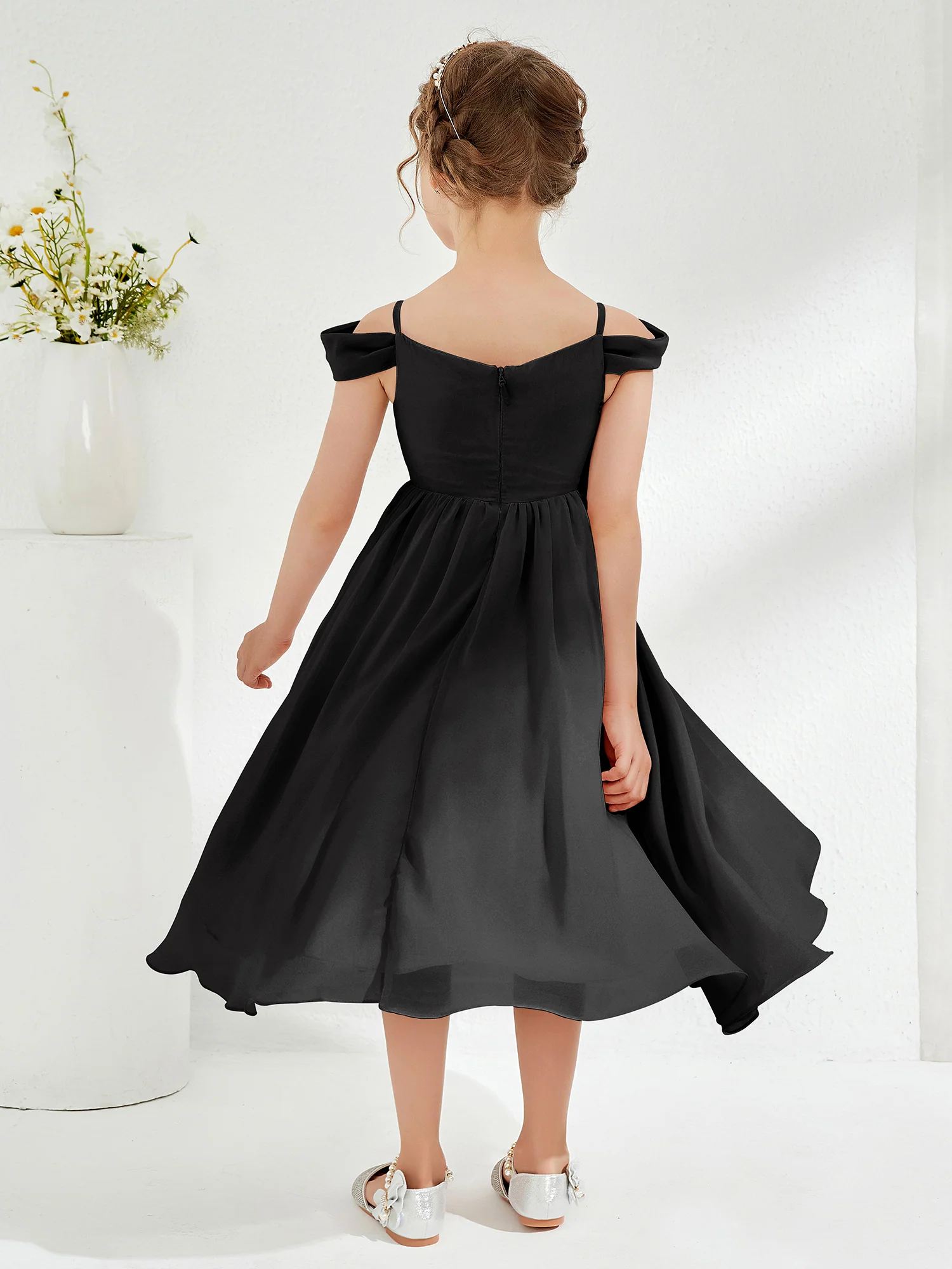 Off-the-shoulder Pleated Girl's Dress Black - Image 2
