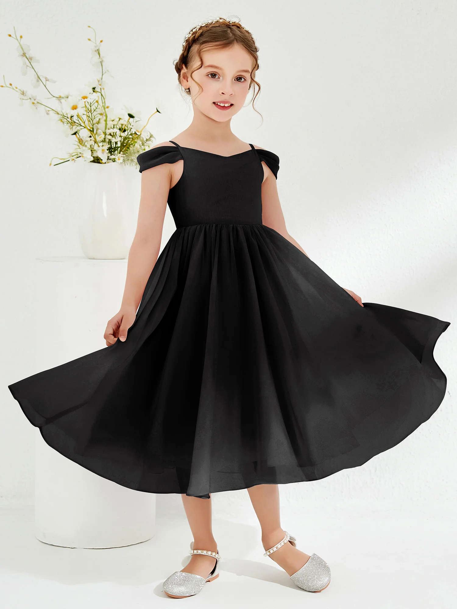 Off-the-shoulder Pleated Girl's Dress Black - Image 3
