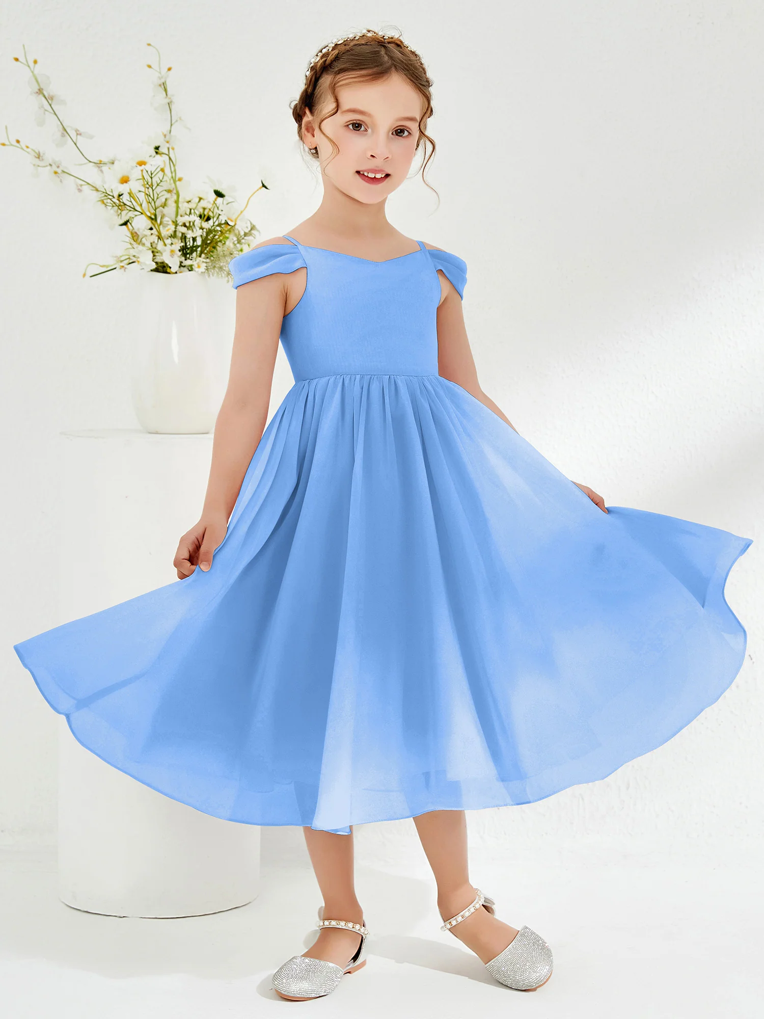 Off-the-shoulder Pleated Girl's Dress Blue - Image 3