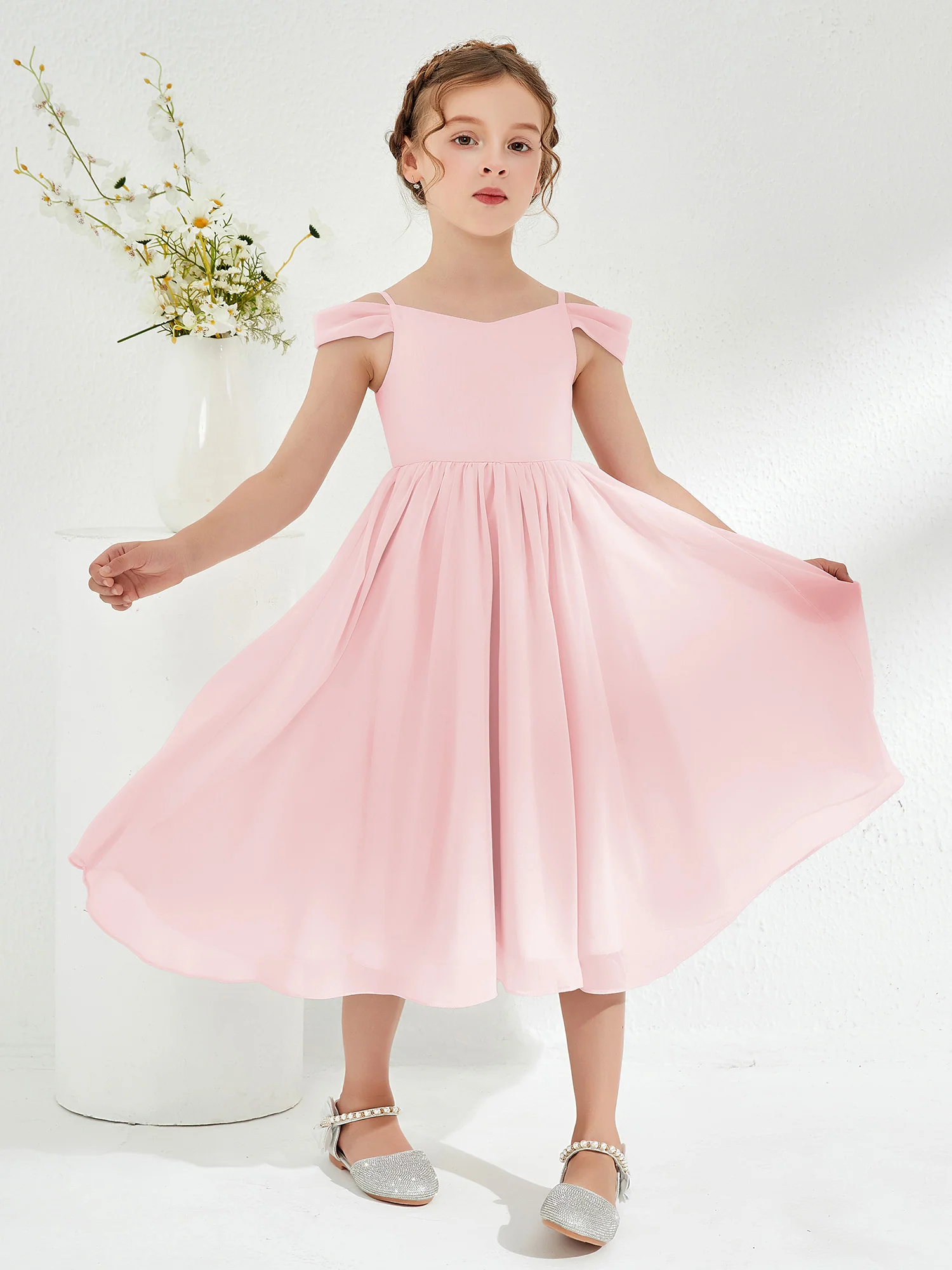 Off-the-shoulder Pleated Girl's Dress Blushing Pink