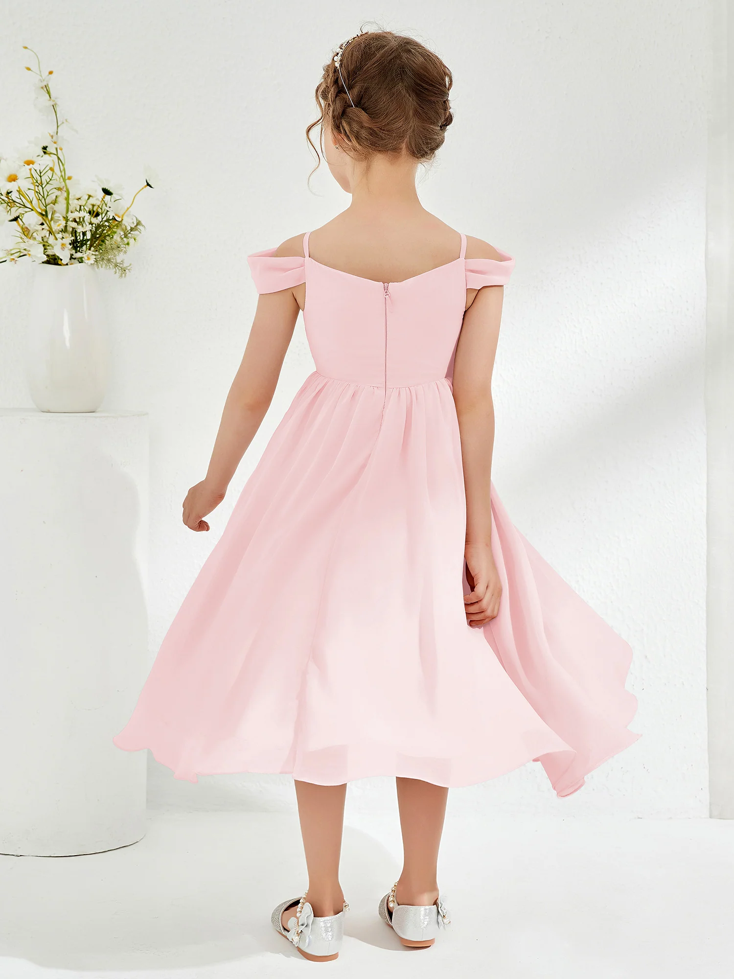 Off-the-shoulder Pleated Girl's Dress Blushing Pink - Image 2