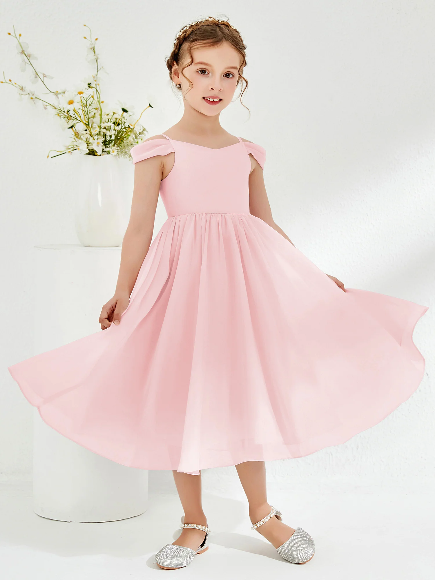 Off-the-shoulder Pleated Girl's Dress Blushing Pink - Image 3
