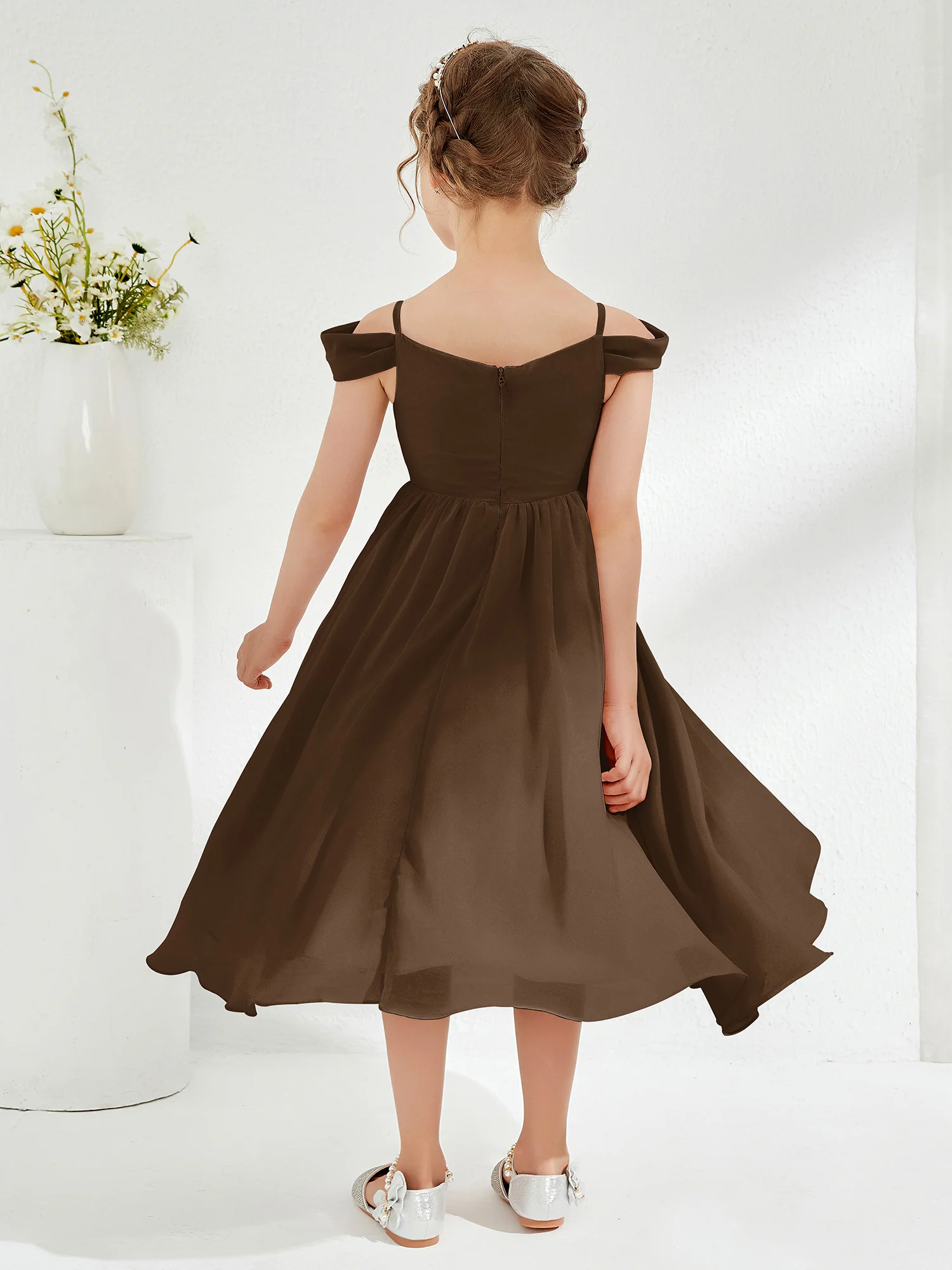 Off-the-shoulder Pleated Girl's Dress Brown - Image 2
