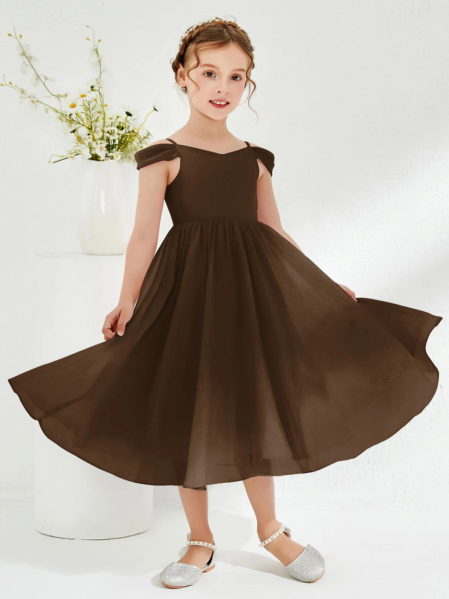 Off-the-shoulder Pleated Girl's Dress Brown - Image 3