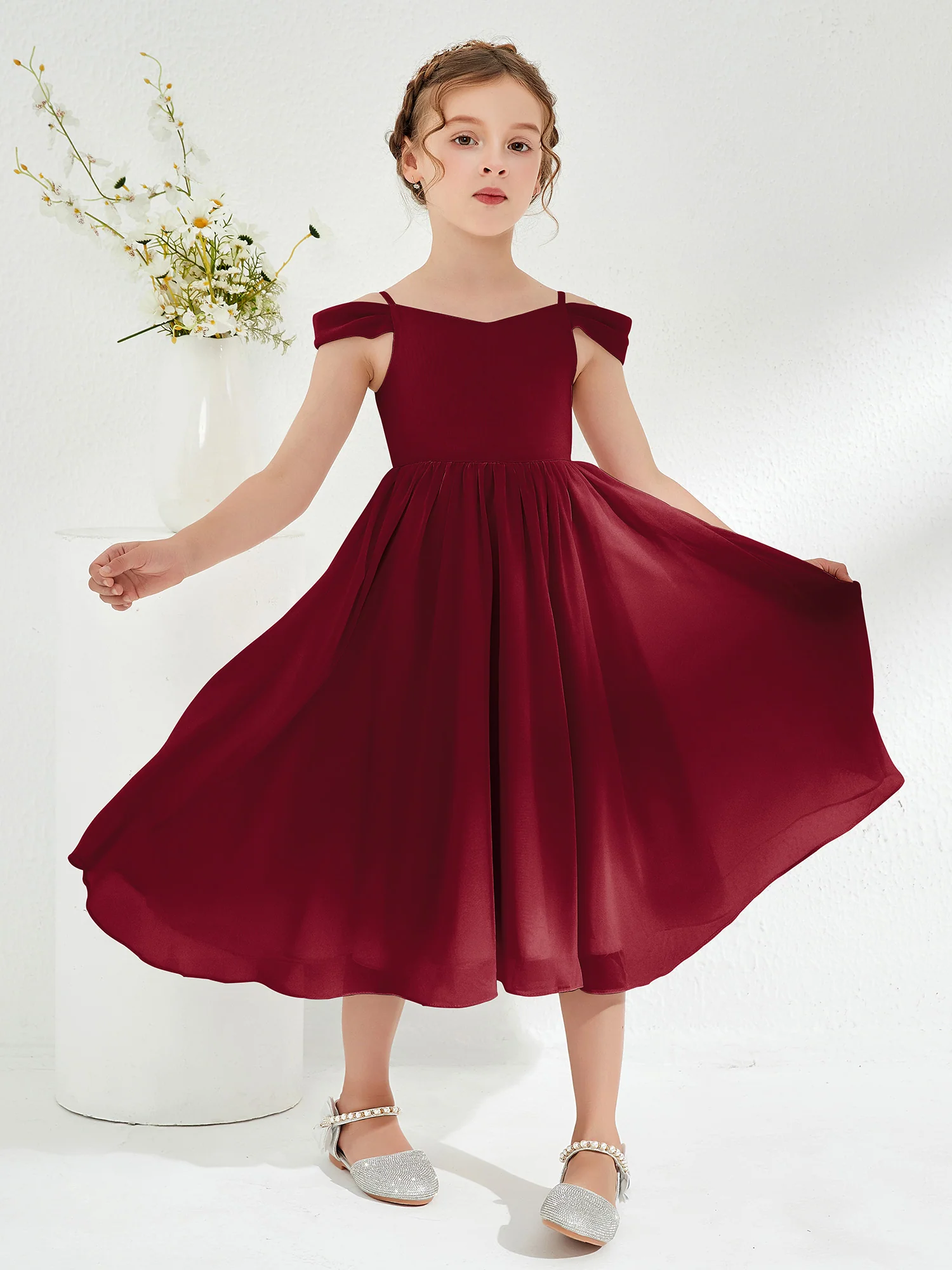 Off-the-shoulder Pleated Girl's Dress Burgundy