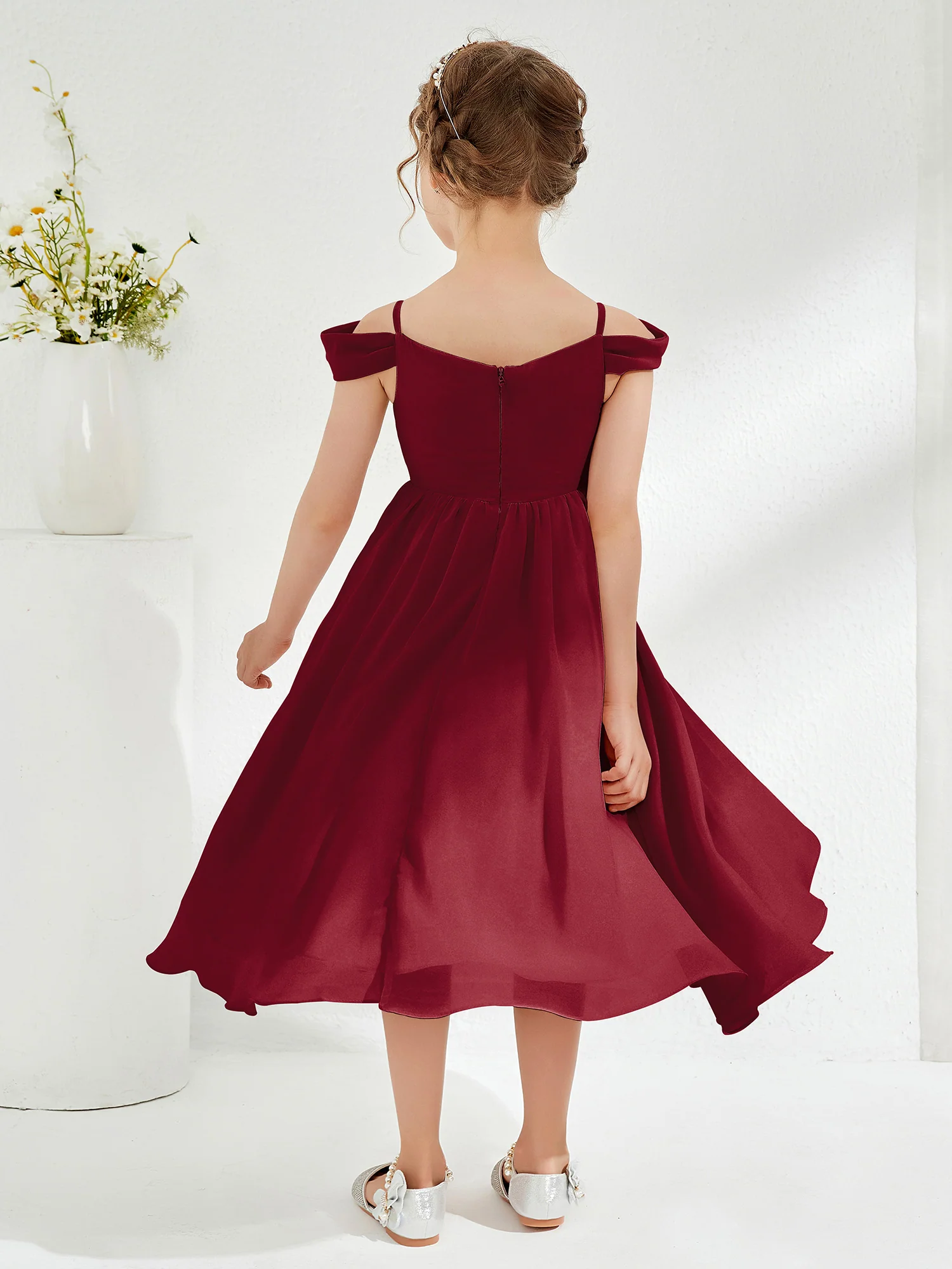 Off-the-shoulder Pleated Girl's Dress Burgundy - Image 2